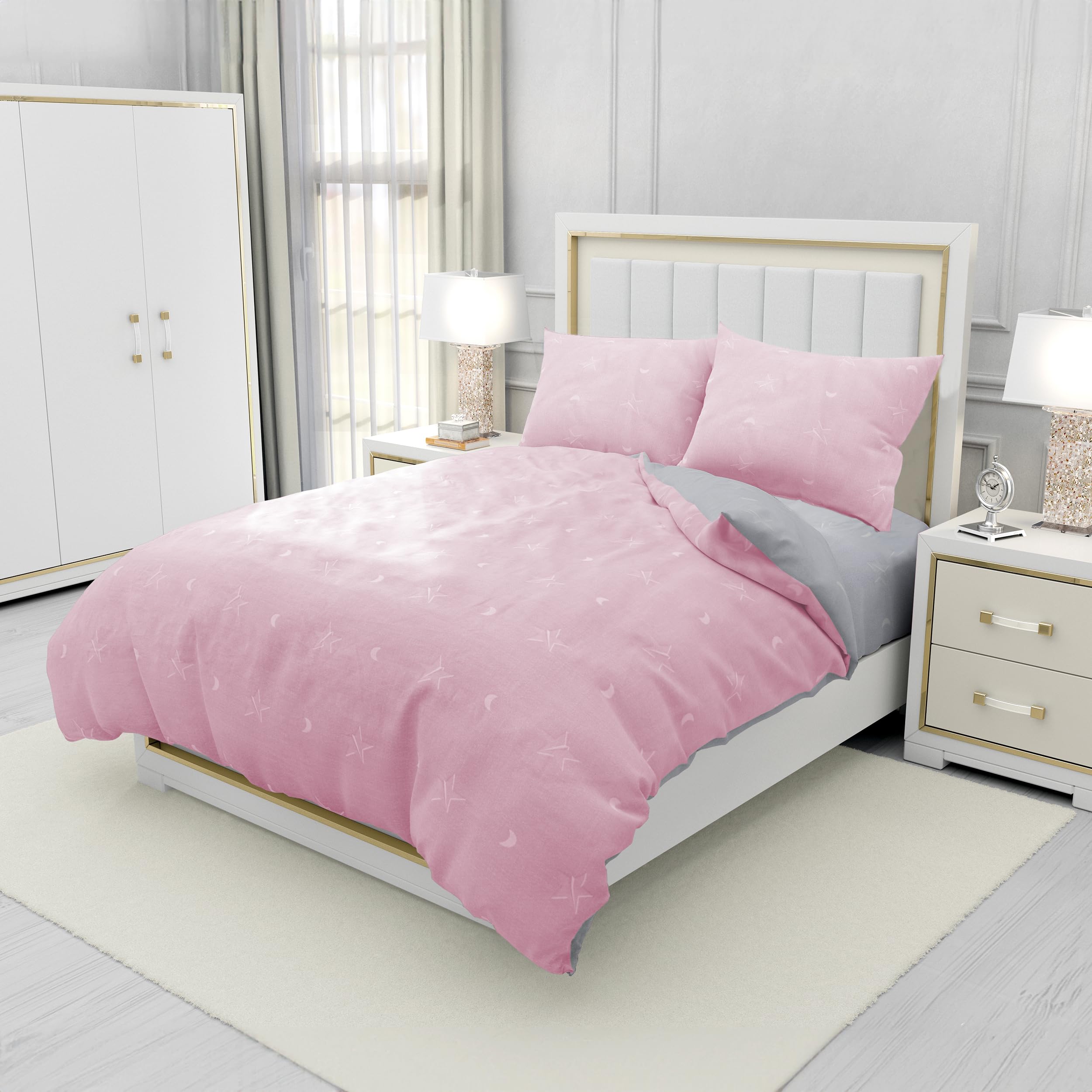 BESCH Juego de Funda Nordica 100% Algodón Extra Suave Alta Densidad 4 Piezas - Juego de Funda Edredónes 220x220cm y con 2 Funda de Almohada 50x75cm (Estrella Lila)