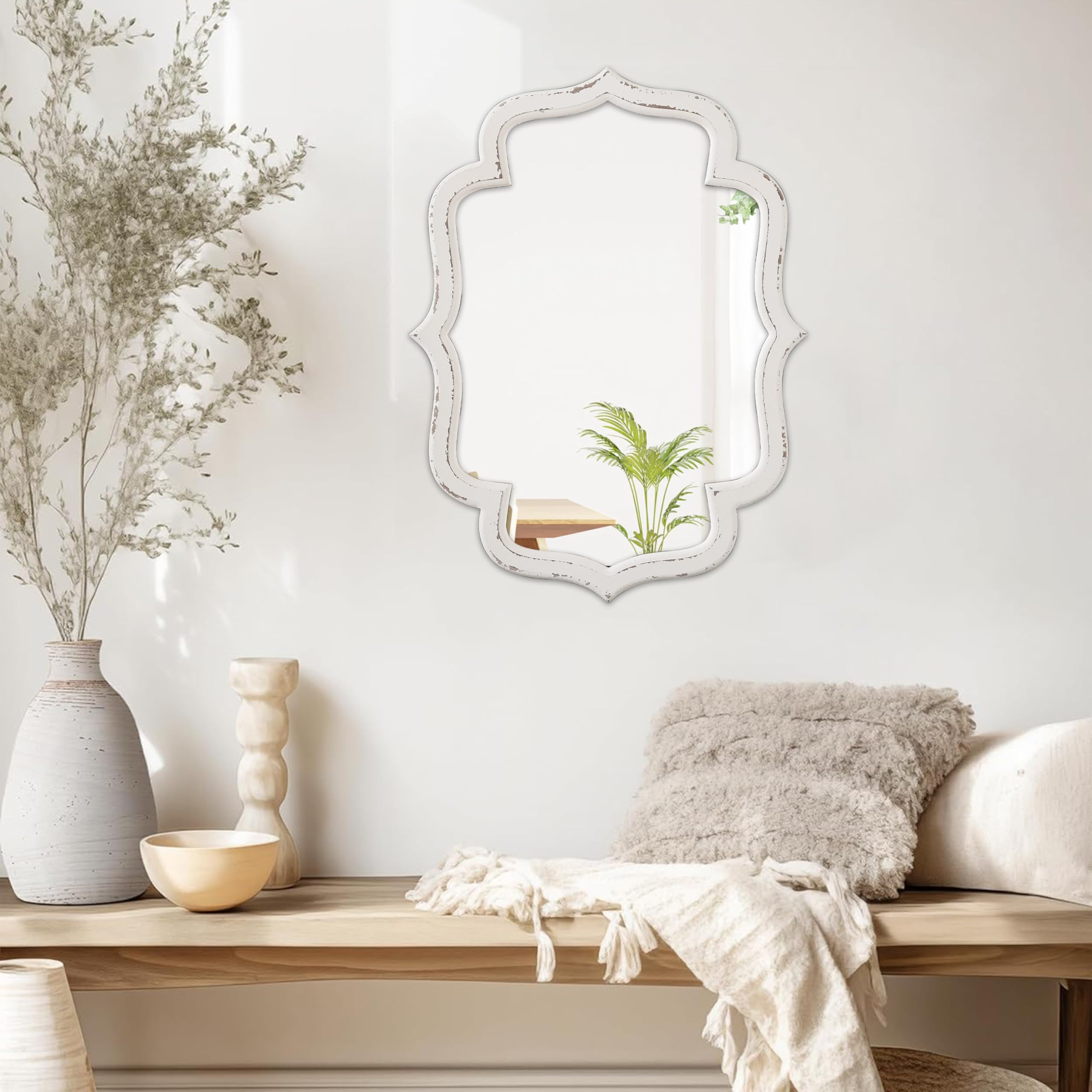 Rustikaler Dekorative Wandspiegel Weiß 45 x 60 cm, Vintage Spiegel Oval mit Holzrahmen, Bauernhaus Spiegel Flur, Spiegel Wand für Wohnzimmer, Schlafzimmer, Badezimmer
