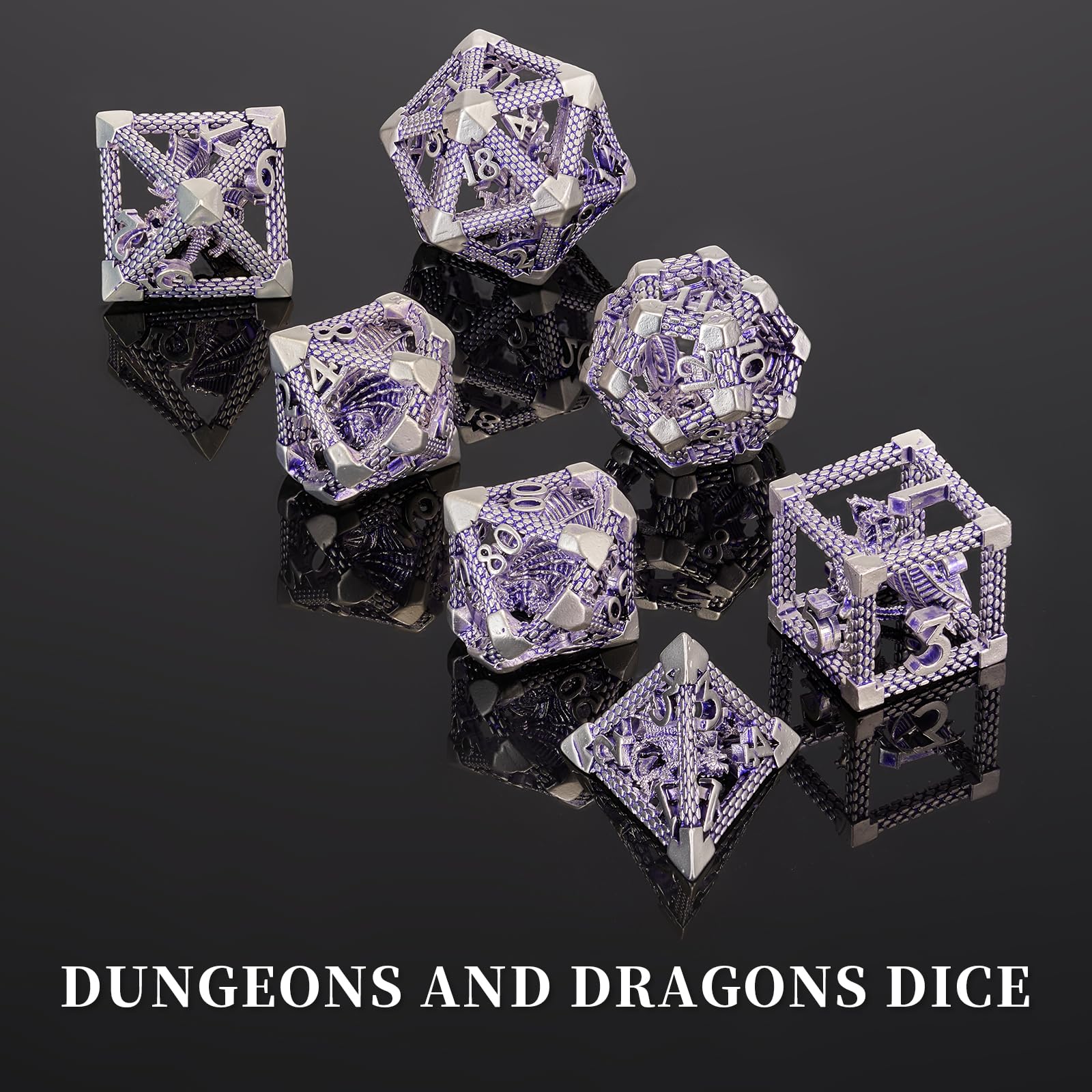 DND Dados, HNCCESG - Juego de dados poliédricos de metal hueco de dragón morado y blanco para juegos de mesa de Dungeons and Dragons RPG MTG (dragón blanco y púrpura)