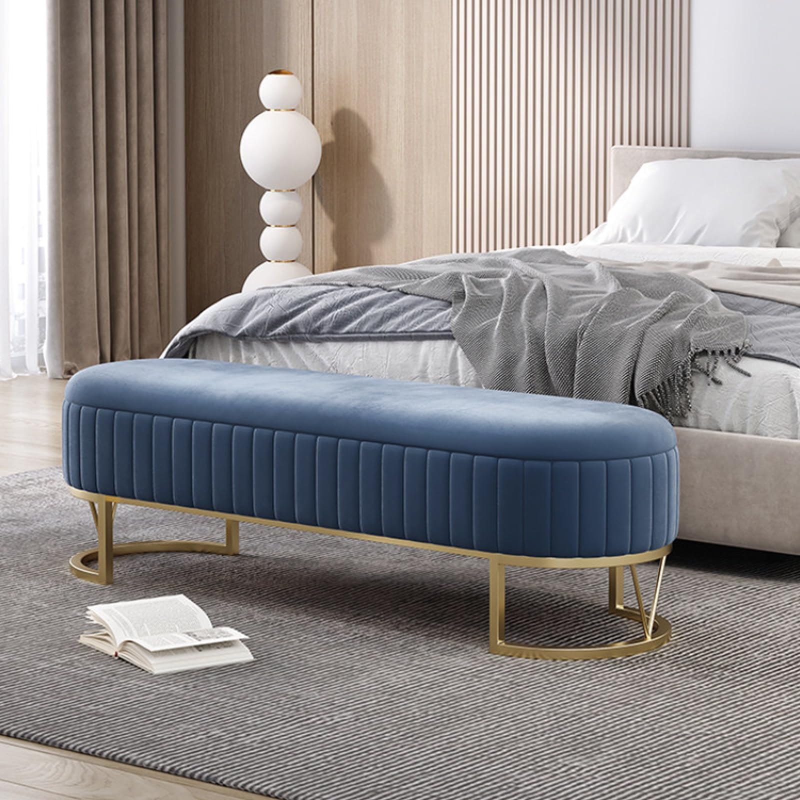Banc ottoman de rangement chic en velours gris avec assise capitonnée de 140cm