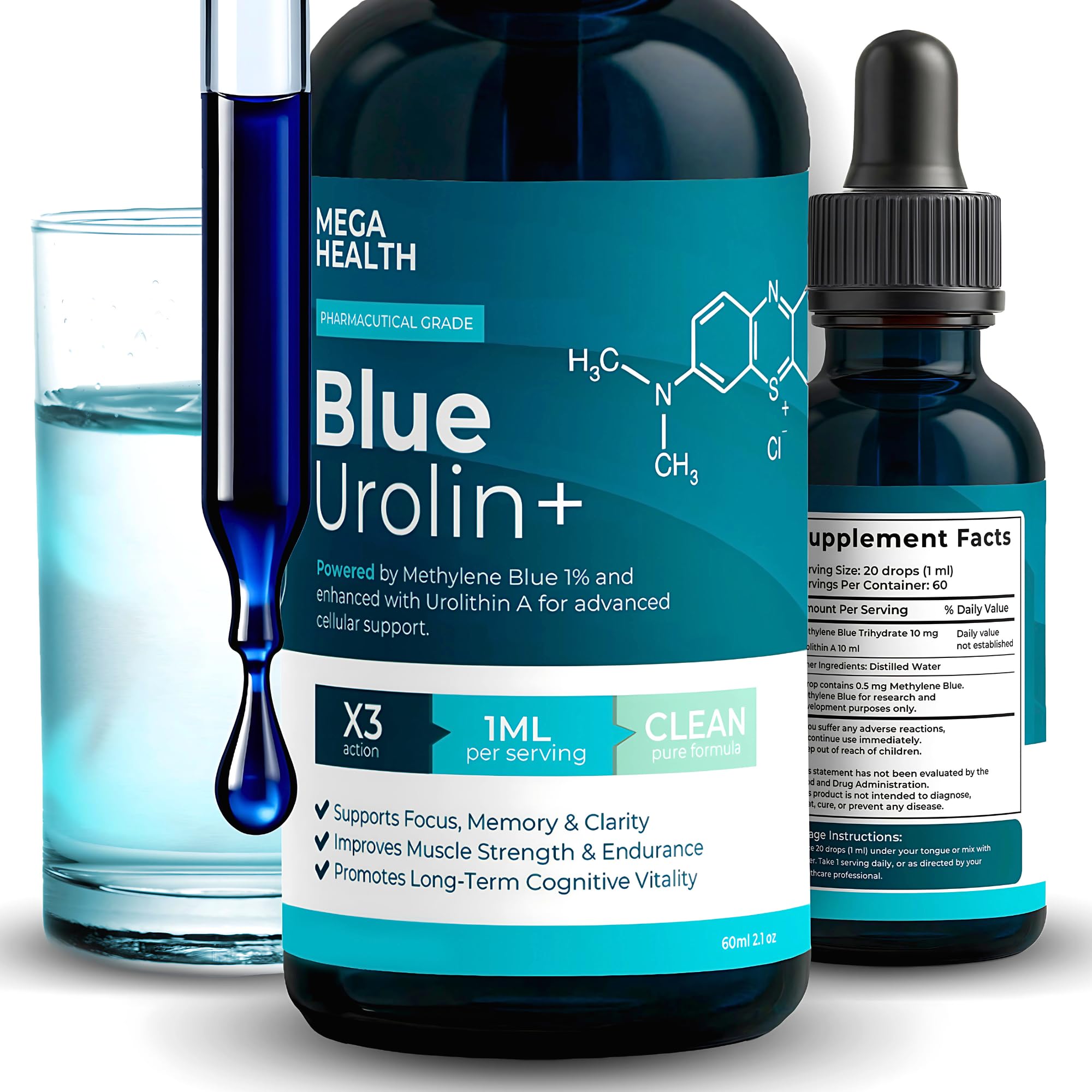Blue Urolin+ Methylene Blue 1% USP Grade with Urolithin A & Electrolyte Solution – Brain & Mitochondria Support Supplement – Pharmaceutical Grade, No Formaldehyde – Cognitive & Cellular Energy Booster