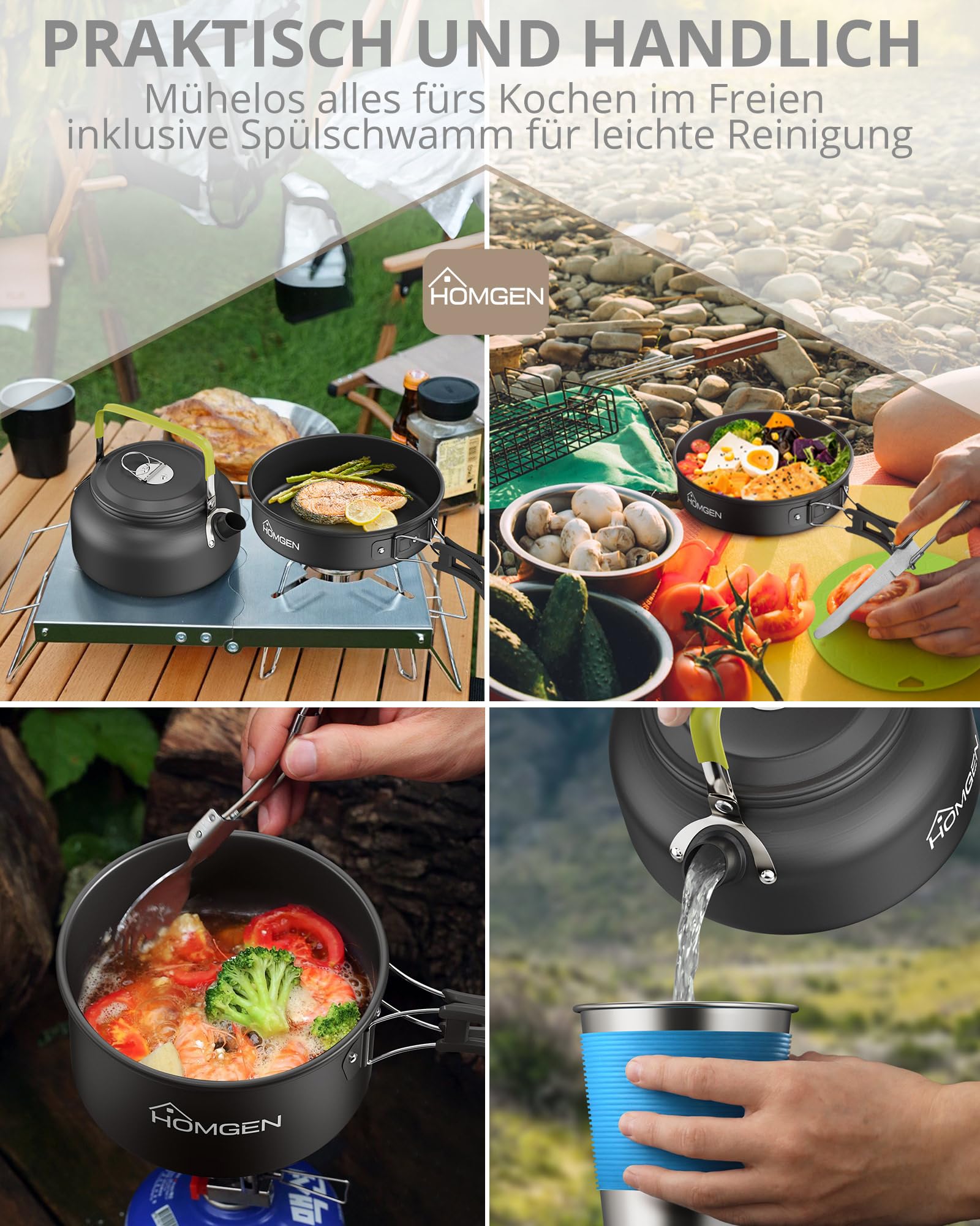 HOMGEN 21er Set Camping Kochset mit Mini Gaskocher, Ultraleichtes Outdoor Kochgeschirr Set für 1-2 Personen, Antihaft Camping Topf Pfanne Wasserkessel Geschirr Besteck für Camping Backpacking Picknick