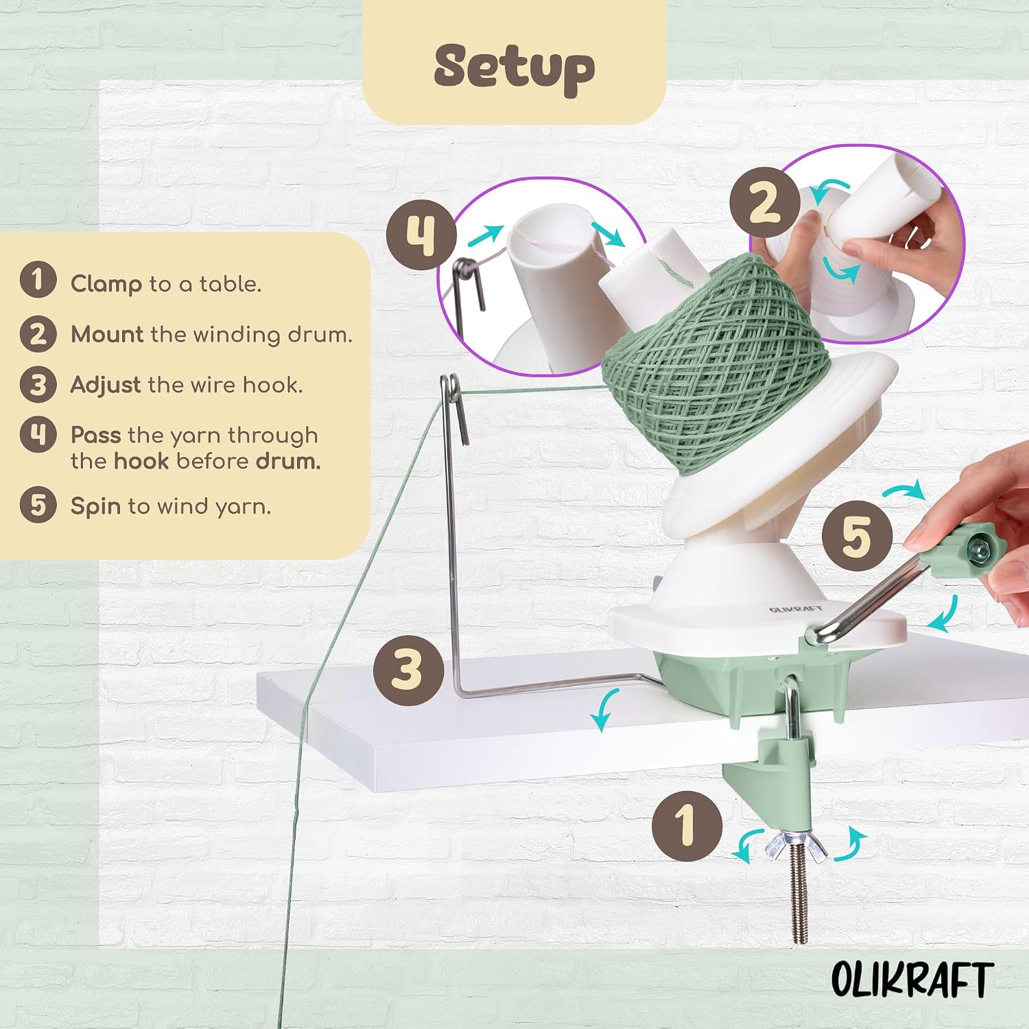 Olikraft Manual Yarn Winder | Yarn Ball Winder, Roller, Baller Crochet Spinner for Crocheting | Clamp for 1 3/4" Surfaces | Create Cakes up to 4oz (Smoke Green)