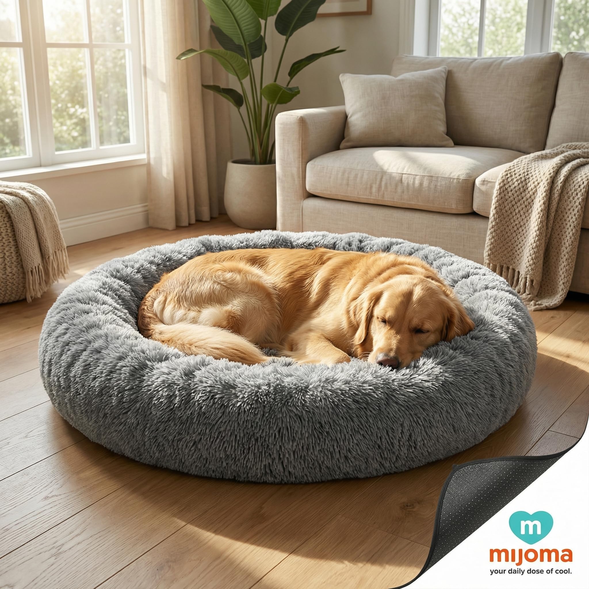 MIJOMA Flauschiges Hundebett rund grau mit Anti-Rutsch Unterseite – Beruhigendes Hundekissen für kleine mittelgroße & große Hunde – Hundekorb aus Plüsch zur Entspannung (Größe L – Ø 100 cm)