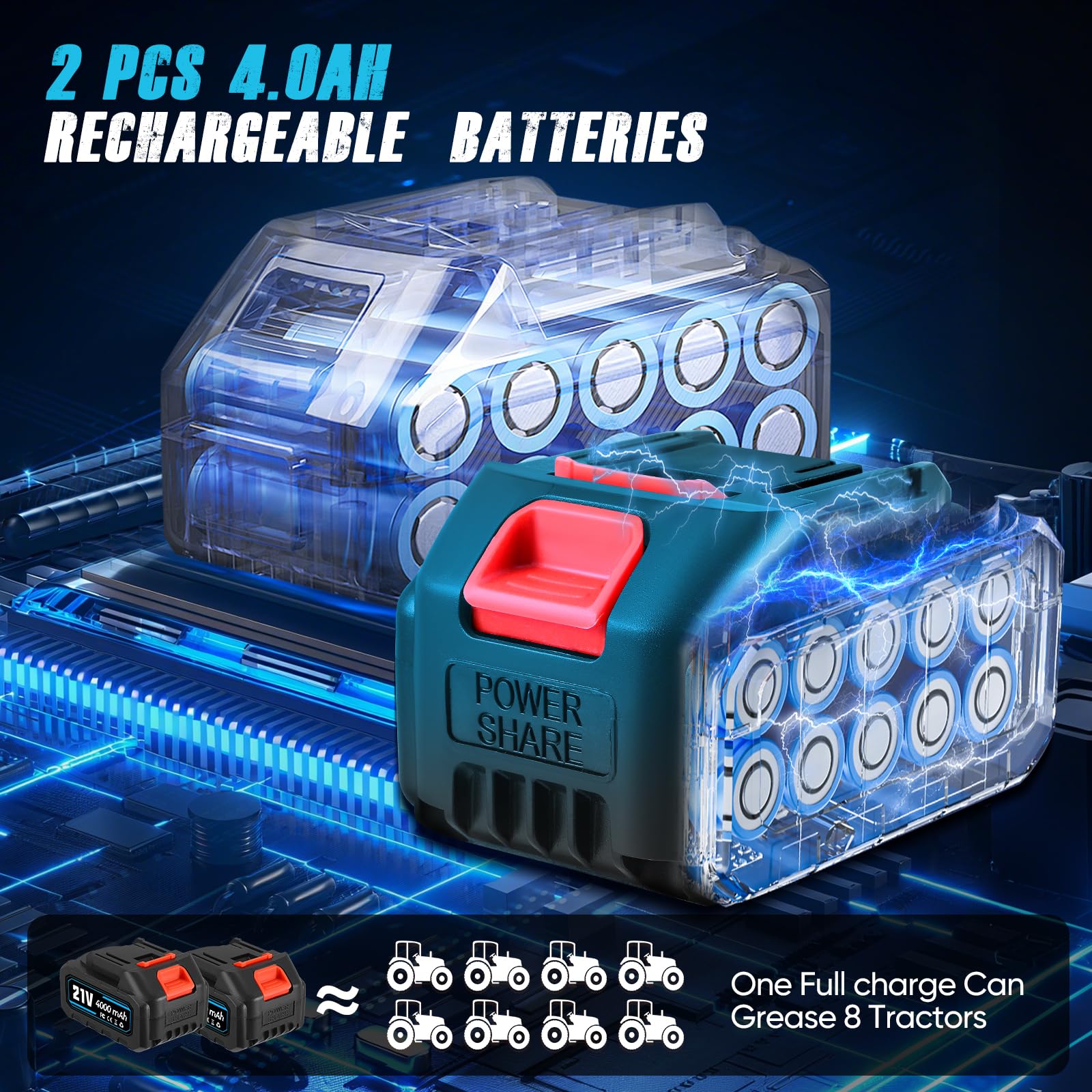 Pistola de grasa eléctrica, 12000 PSI de alta presión, 21 V inalámbrica con 2 x 4,0 Ah baterías y cargador, capacidad 600 ml, luz LED, flexible para lubricación de coche, camión, granja