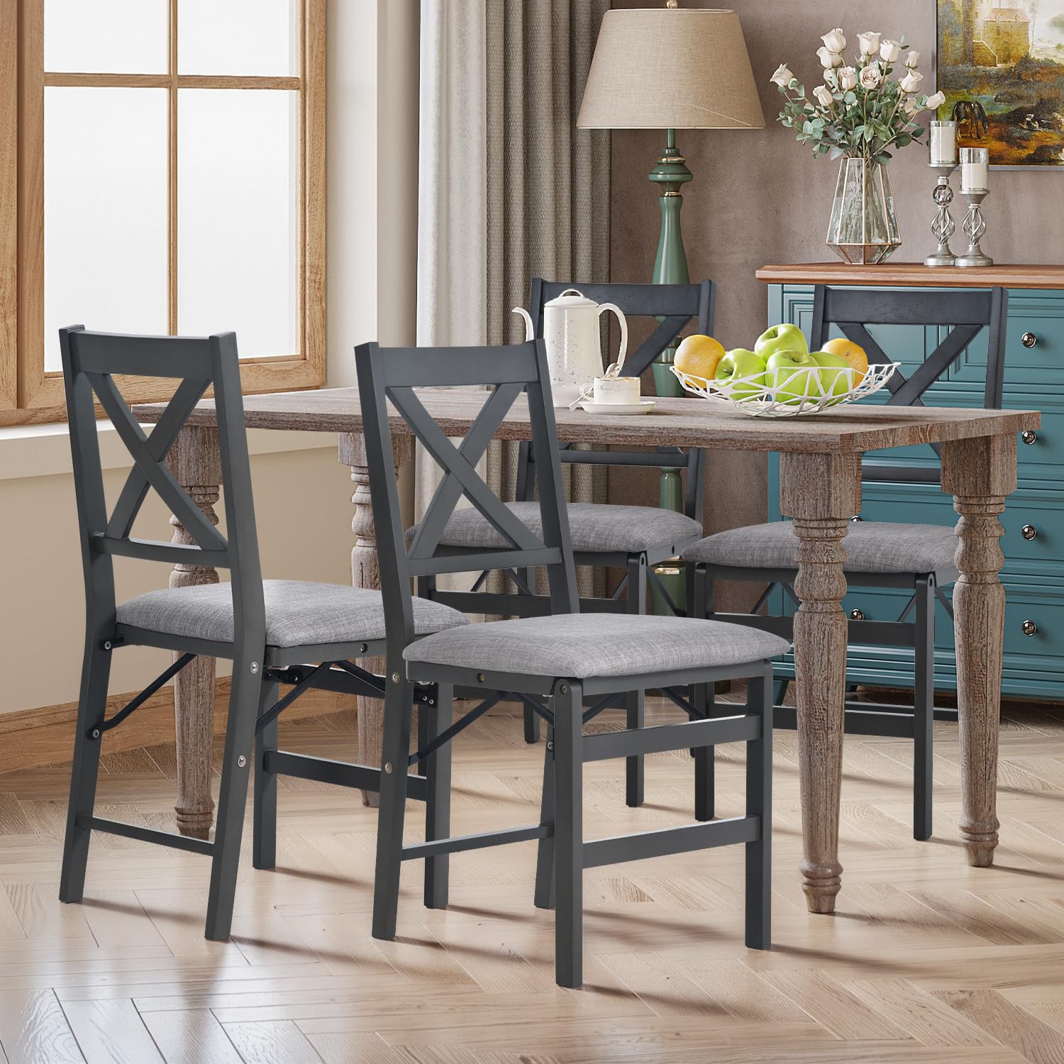 Folding Dining Chairs Set of 2 with Upholstered Cushion, Wooden Foldable Dining Room Chair for Outdoor & Indoor, Space Saving Kitchen Room Furniture for Small Spaces, Pre-Assembled, Dark Grey. (2 pieces)