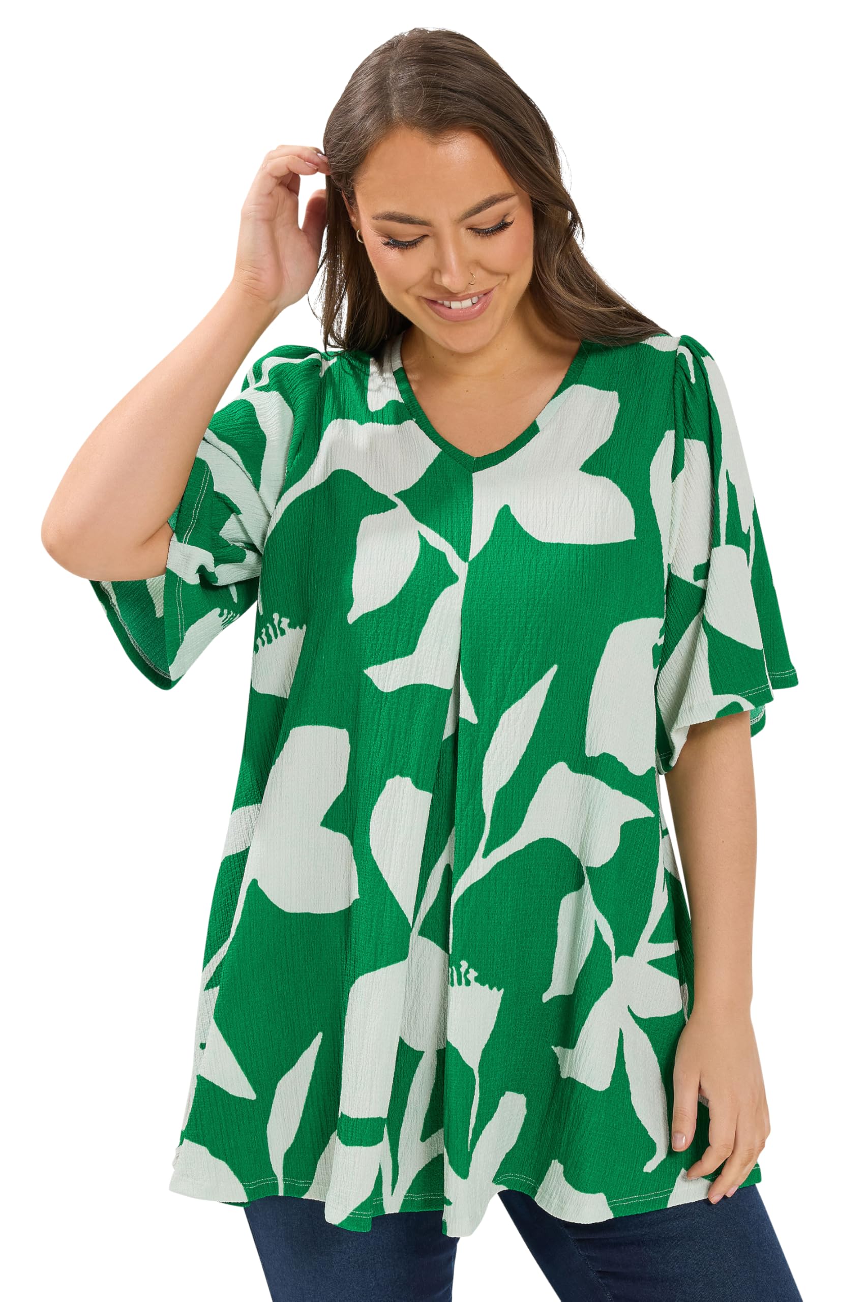 Yours Women's Green Curve Abstract Textured Pleat Front Top - Plus Size Curve