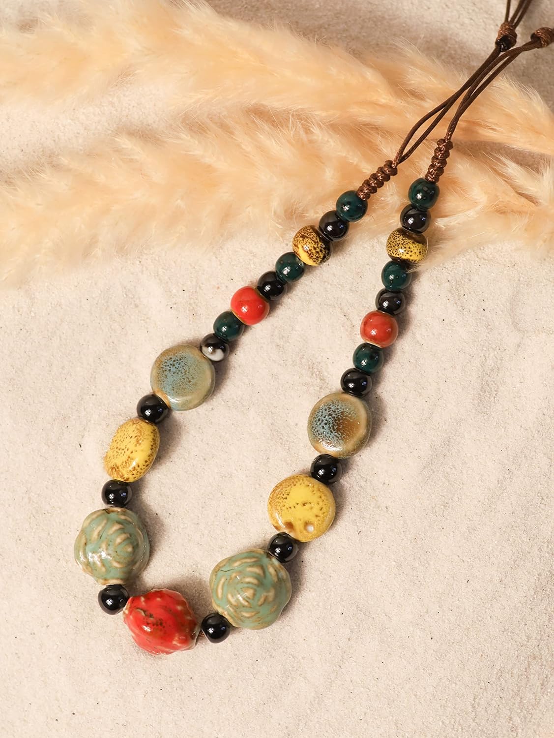 MINACHI Boho Hippie Round Ceramic Beads Strand Necklace, Vintage Bohemian Summer Beach Jewelry Gift for Women - Image 2