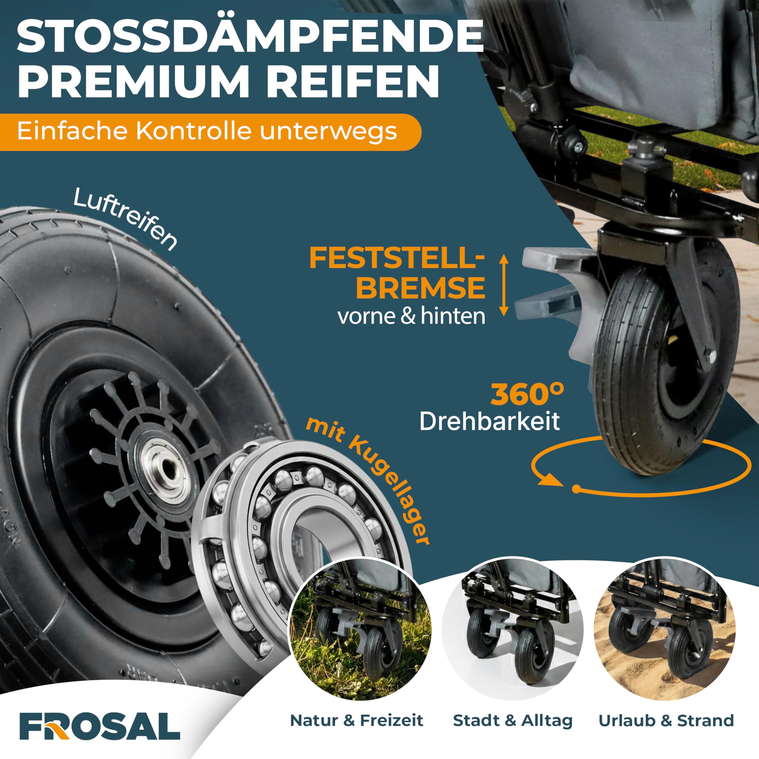 FROSAL Bollerwagen Leo faltbar mit Luftreifen & Dach – Handwagen klappbar für Strand, Camping & Garten – 80kg belastbar – mit Bremse, Schiebegriff & Zugstange – Transportwagen Kinder grau