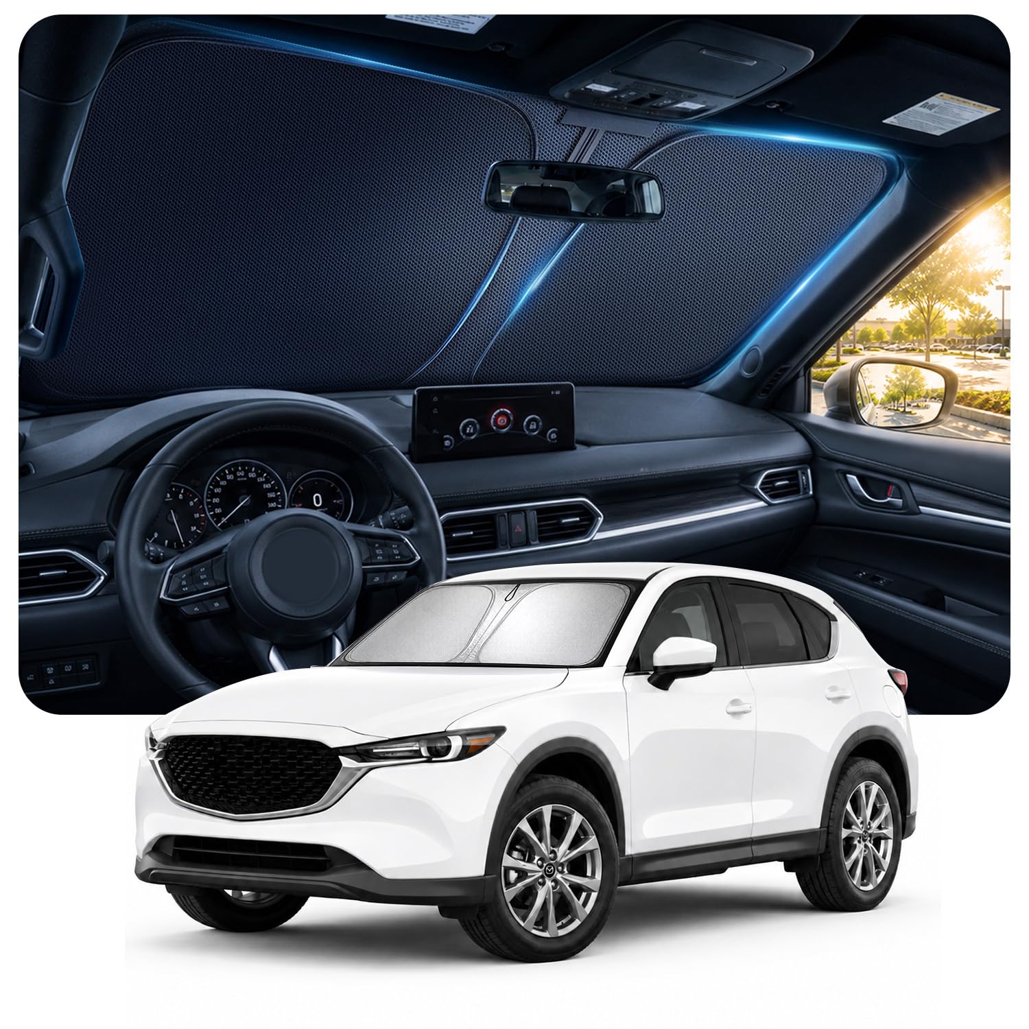 [2026 Upgraded] DooGooCoo Windshield Sun Shade for Mazda CX5 2017-2025 2026 [Cooling Ice-Crystal, 100% Sun Block] Sunshade for Car Windshield for Mazda CX5 Sun Shade, Custom Fit for CX 5.