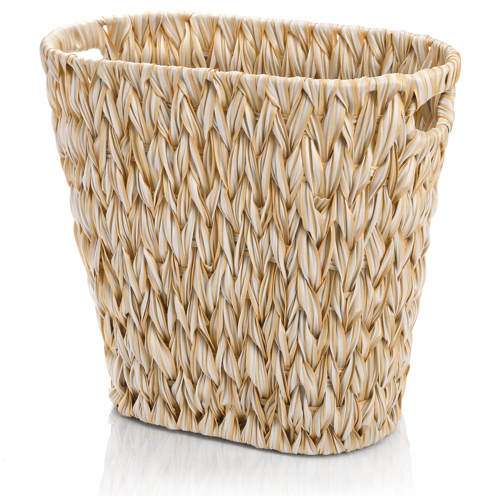 Woven Trash Can Plastic Handwoven Waste Basket with Built-in Handles Bathroom Garbage Storage Container Decorative Boho Rubbish Bin