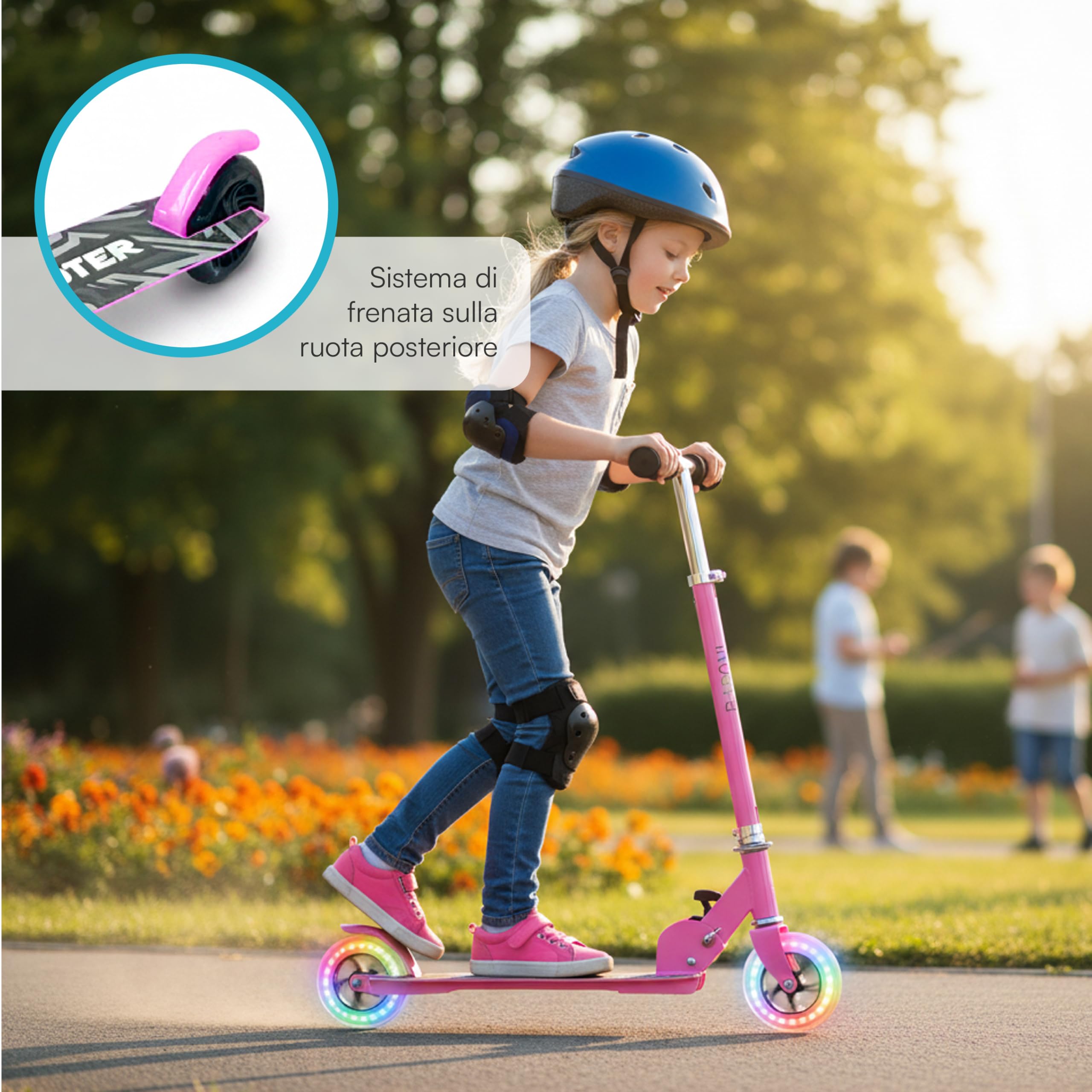 Baroni Toys Monopattino per Bambini dai 3 Anni con Ruote LED, Monopattino in Ferro, LED Senza Batterie, Manubrio Regolabile 60-80 cm, Richiudibile e Salvaspazio, Freno Posteriore, 28x70x80cm