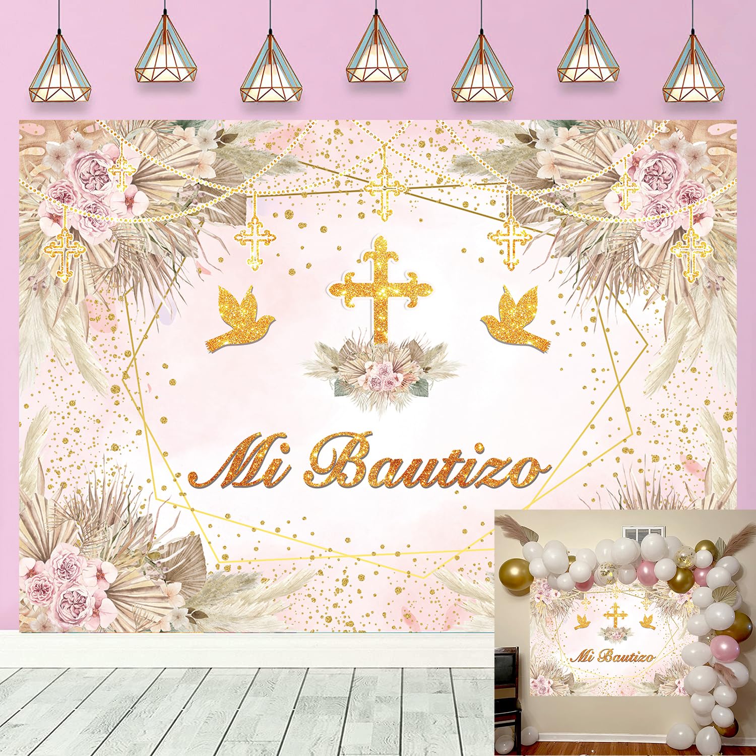Mi Bautizo Backdrop Boho Baptism God Bless First Holy Communion Party Background for Girl Pink Floral Christening Newborn Baby Shower Banner Photo