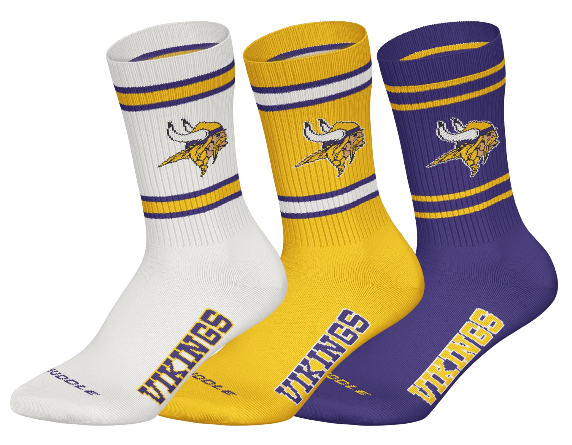 NFL MINNESOTA VIKINGS 3pk Crew Socks - WHT/YEL/PUR - 39/42