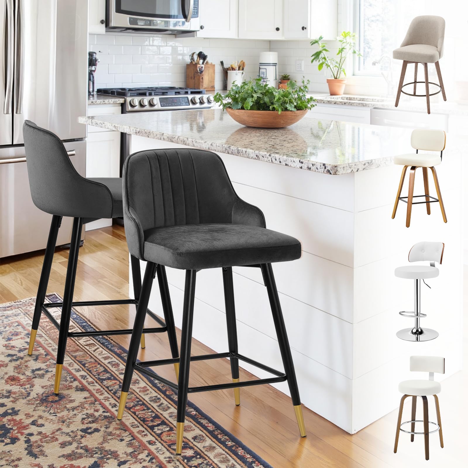 Bekrvio 65CM Bar Seats Set of 2, Modern Velvet Swivel Bar Stools with Arms, Back, Metal Footrest for Kitchen Counter Island Dining Room, Support 150kg,Dark Grey