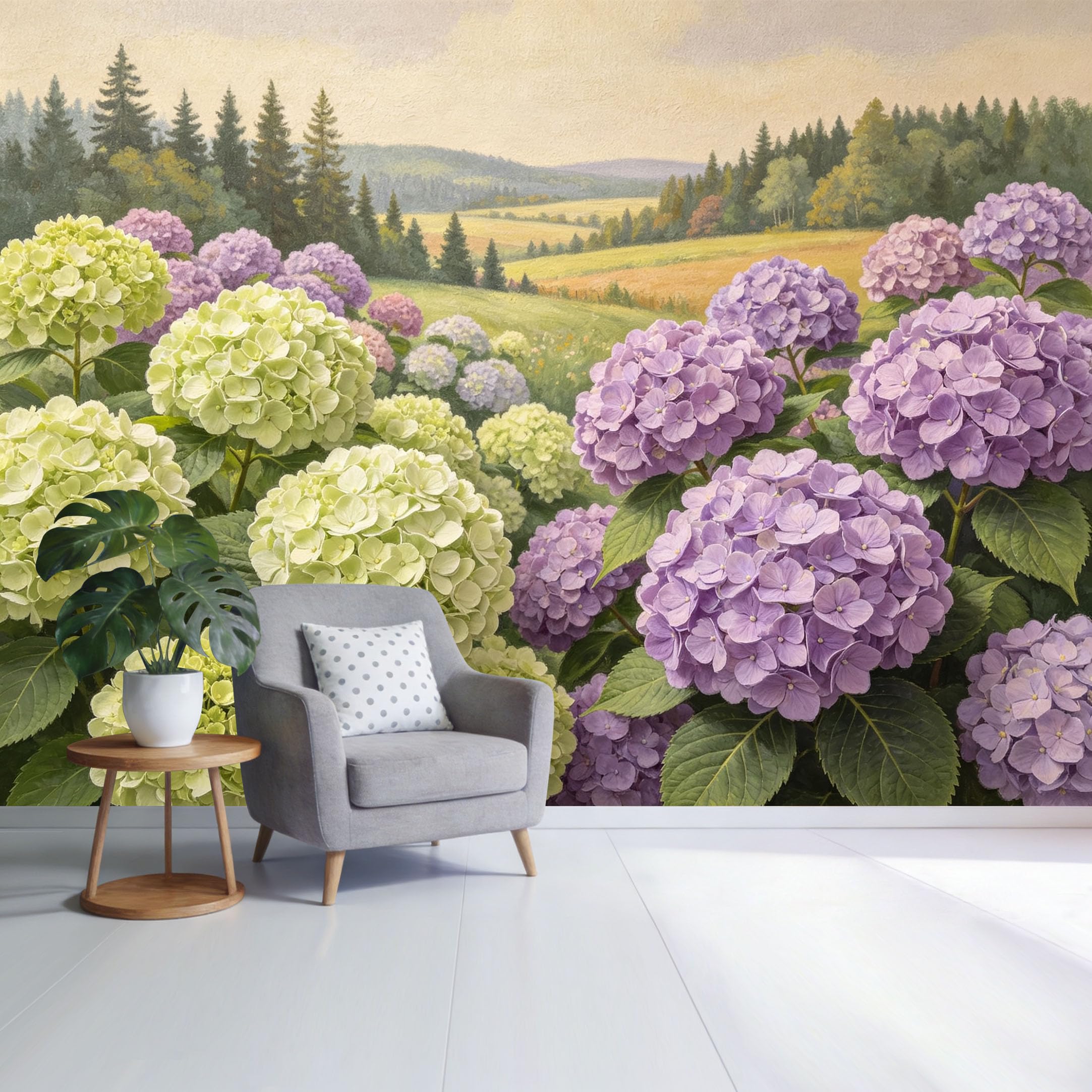 Custom Size Wall Mural Hydrangea Garden Landscape Botanic Meadow Pastel Flower Field Watercolor Style SelfAdhesive Wall Fabric Removable Wallpaper for Home Office Decor