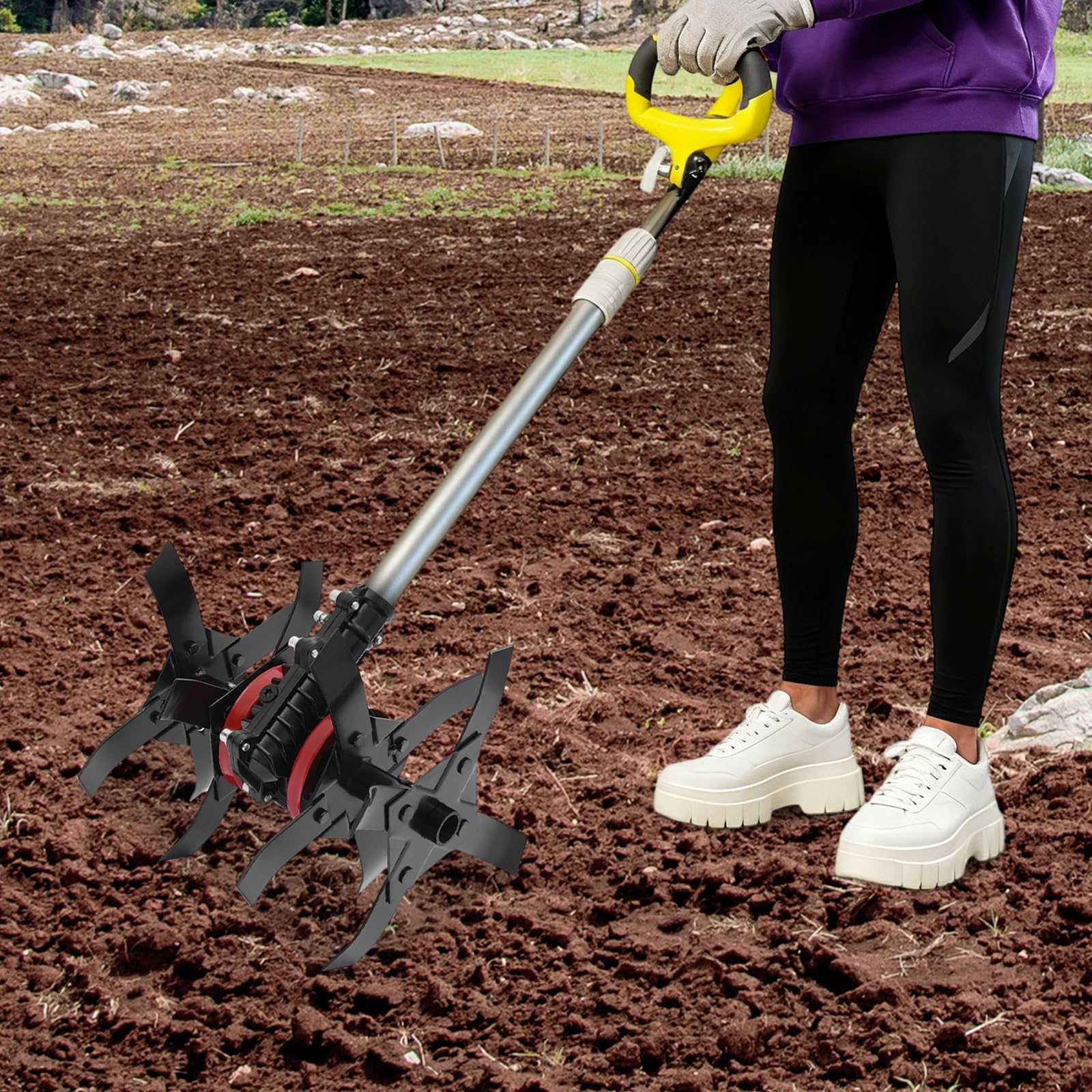 Rueda de fresado con dientes de cultivo, rueda de fresado de alto rendimiento, diámetro de barra de aluminio adecuado de 2,6 cm, para aflojar el suelo en huertos, jardines de té y superficies de