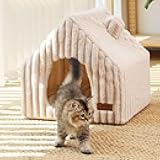 FUKUMARU Cat Houses for Indoor Cats, Washable Cute Cat Bed Cave with Removable Pillow, Large Semi-Enclosed Cozy Dog House Indoor, Soft Faux Rabbit Fur Kitten Bed, 17.5-Inch Cat Hideaway, Pink Grey