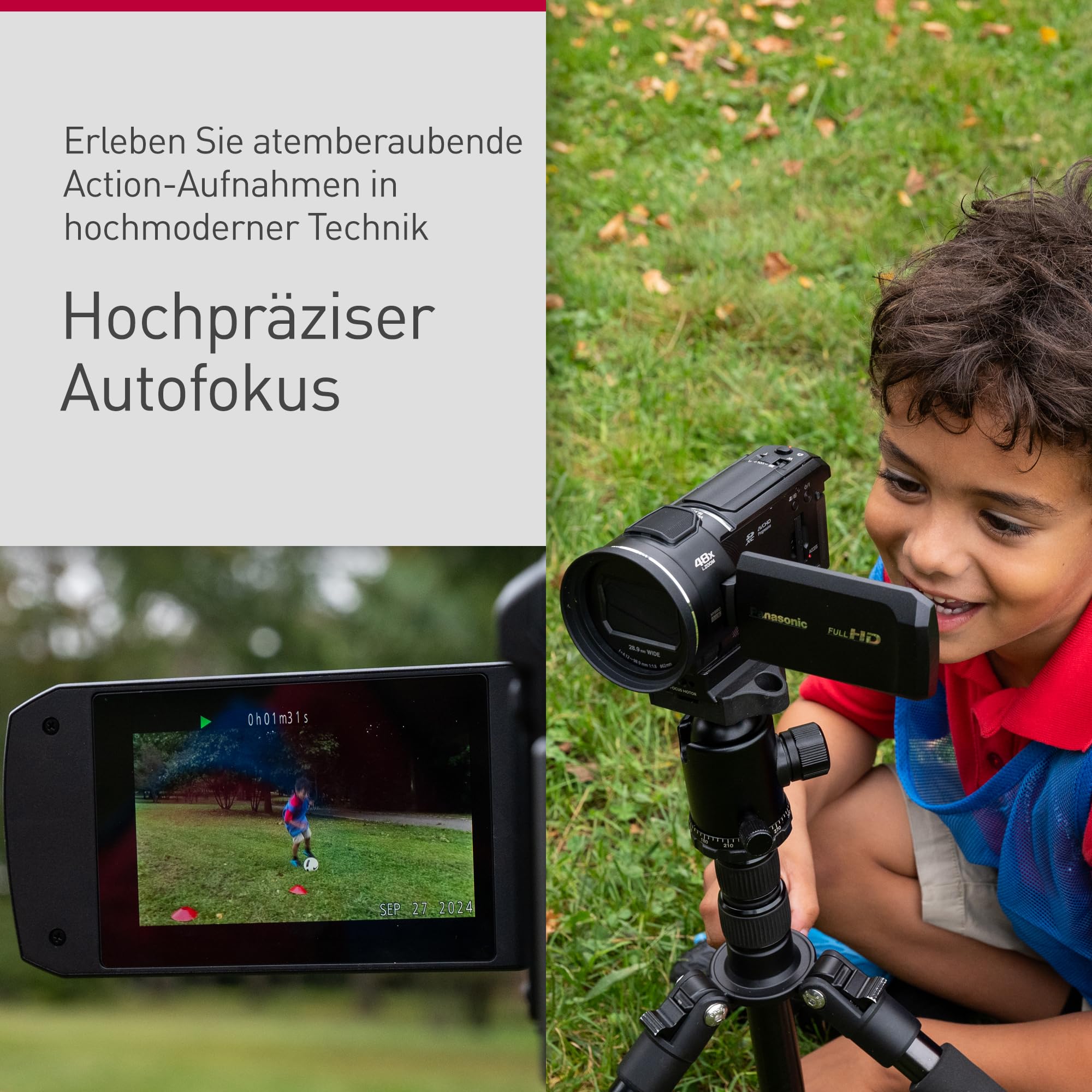 Panasonic HC-V900E-K Full-HD-Camcorder, 25mm F1.8 Weitwinkelobjektiv, 24x optischer Zoom, Hybrid OIS+, HDR, Schwarz