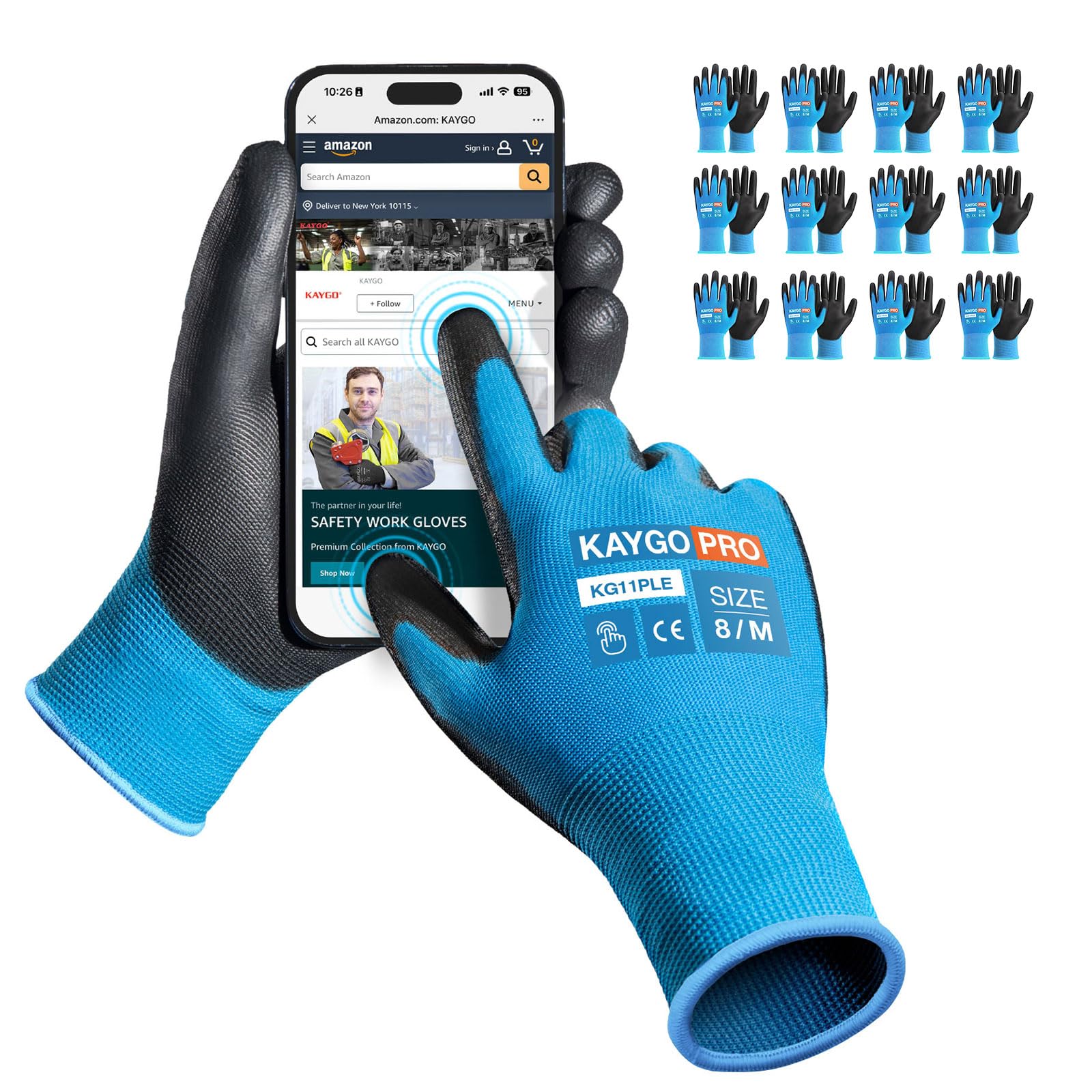 KAYGO Work Gloves PU Coated 12 works Touchscreen, KG11PLE, Safety Working Gloves with Secure Grip on Palm & Fingers