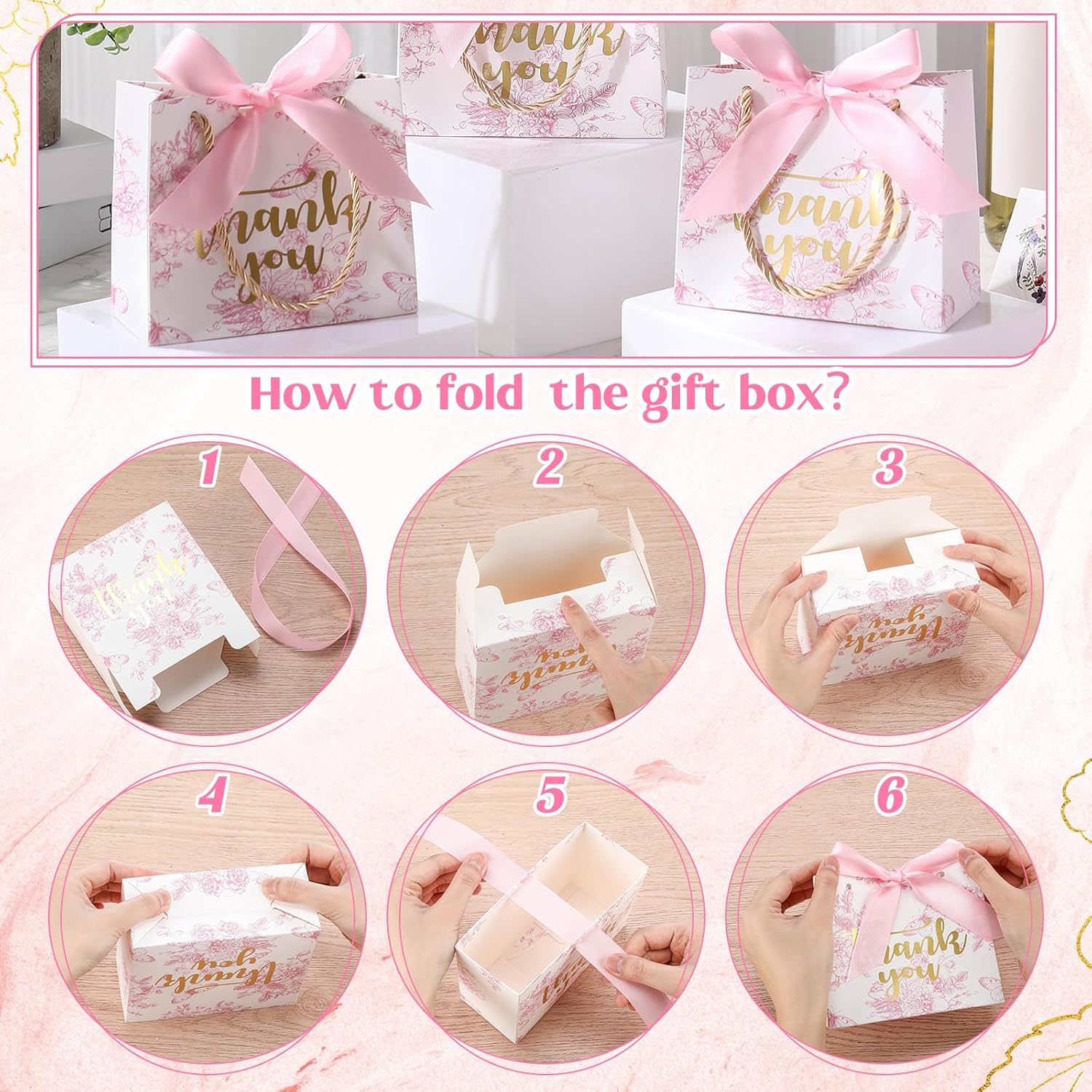 Kolldenn 40 Pcs Small Thank You Floral Gift Bags 5.5''x 2.4''x 4.7'' Pink White Paper Party Favor Bag with Handle Chinoiserie Floral Bag Bulk with Ribbon for Wedding Birthday Bridal Baby Shower - Image 3