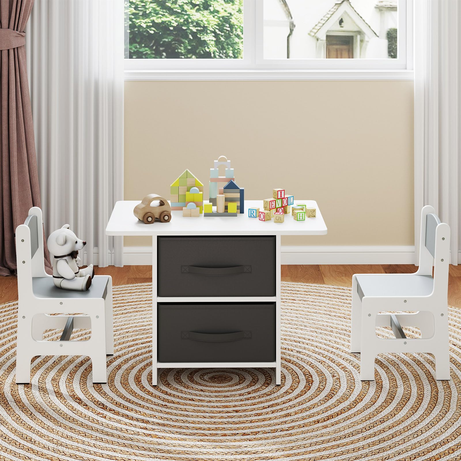 COSTWAY Set Tavolo e Sedie per Bambini 1-7 Anni, Tavolino in Materiale Atossico e Indore con 2 Sedie Ergonomiche con Schienale, Angoli Arrotondati, Ideale per Giocare, Disegnare e Leggere (Grigio)
