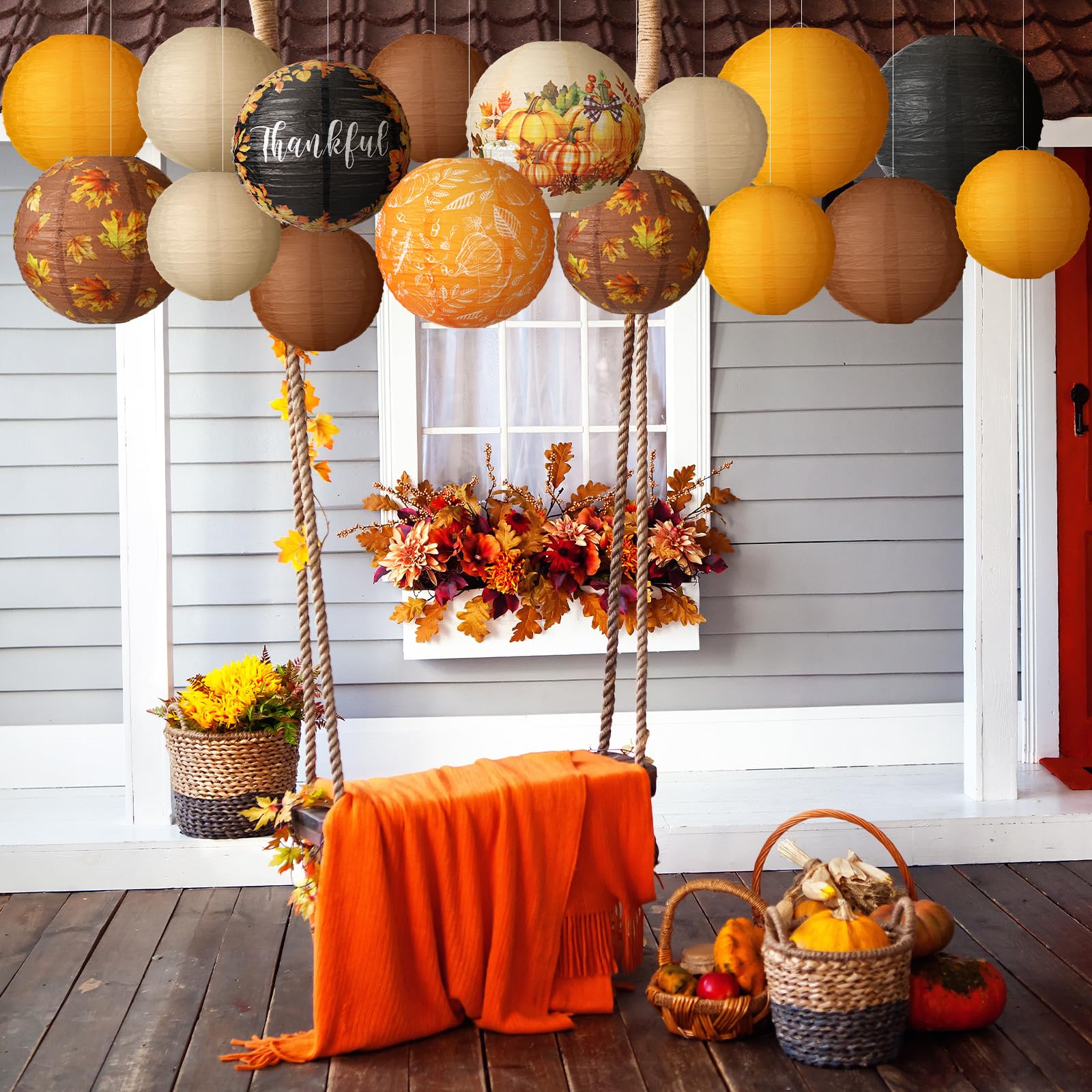 16 Pcs Thanksgiving Paper Lanterns Fall Orange Pumpkin Party Paper Lanterns Round Thankful Maple Leaves Hanging Party Decorations for Autumn Harvest Party Outdoor Decor