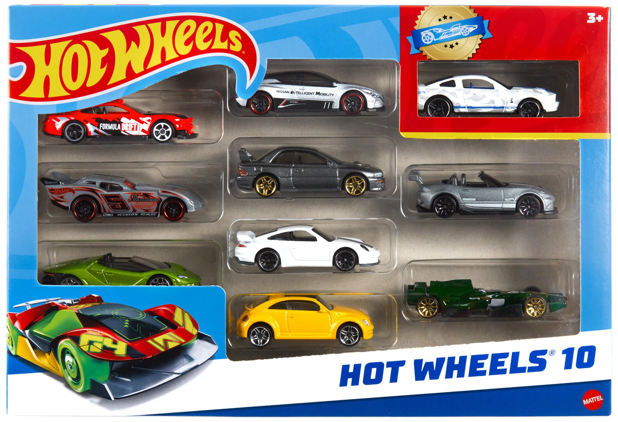 Toy Cars & Trucks in 1:64 Scale (Assorted Styles, One Random Set), Set of 10, Multipack of Die-Cast Race or Police Cars, Hot Rods, Firetrucks or Vans (Styles May Vary), 54886