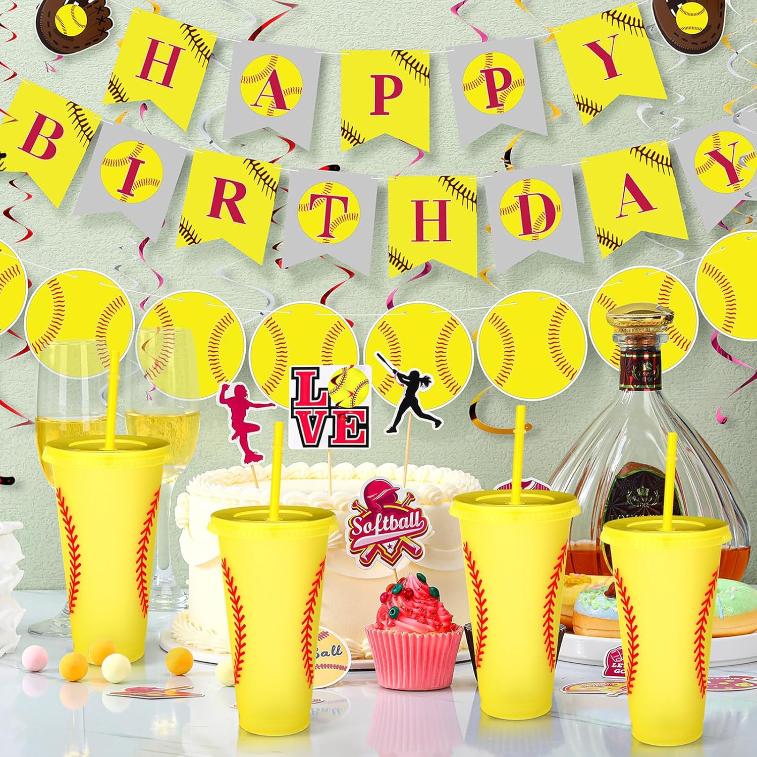 Domensi 12 Pcs Yellow Softball Sport Ball Plastic Tumbler with Lid and Straw 24oz Reusable Plastic Cups Gifts for Fan Friend Birthday Sport Party Gifts Supplies