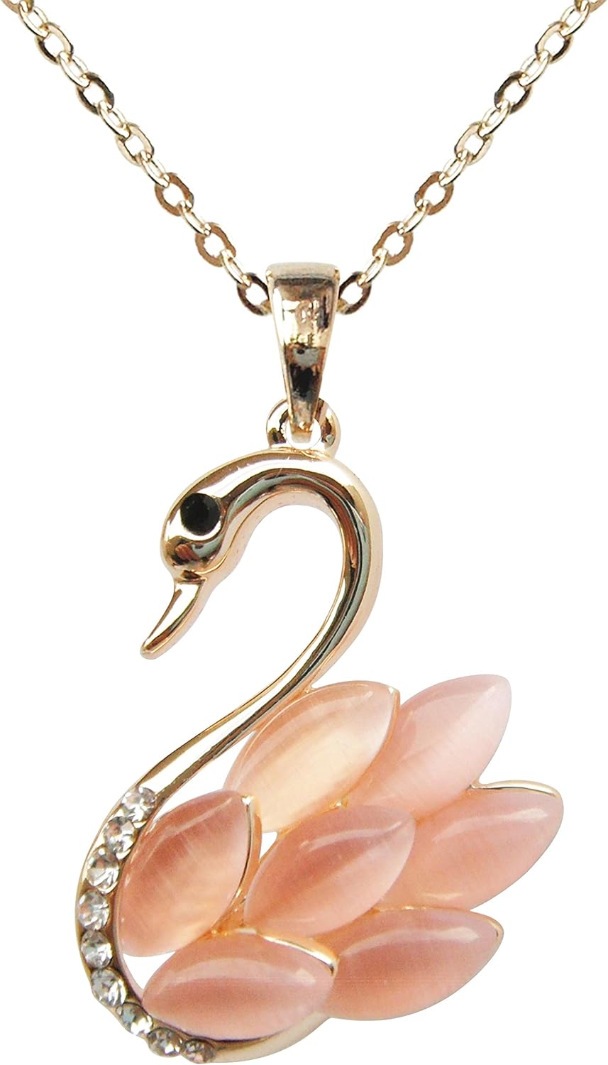 Navachi 18k Yellow Gold Plated Swan Bird Created-Opal Crystal Pendant Necklace 16"+2"