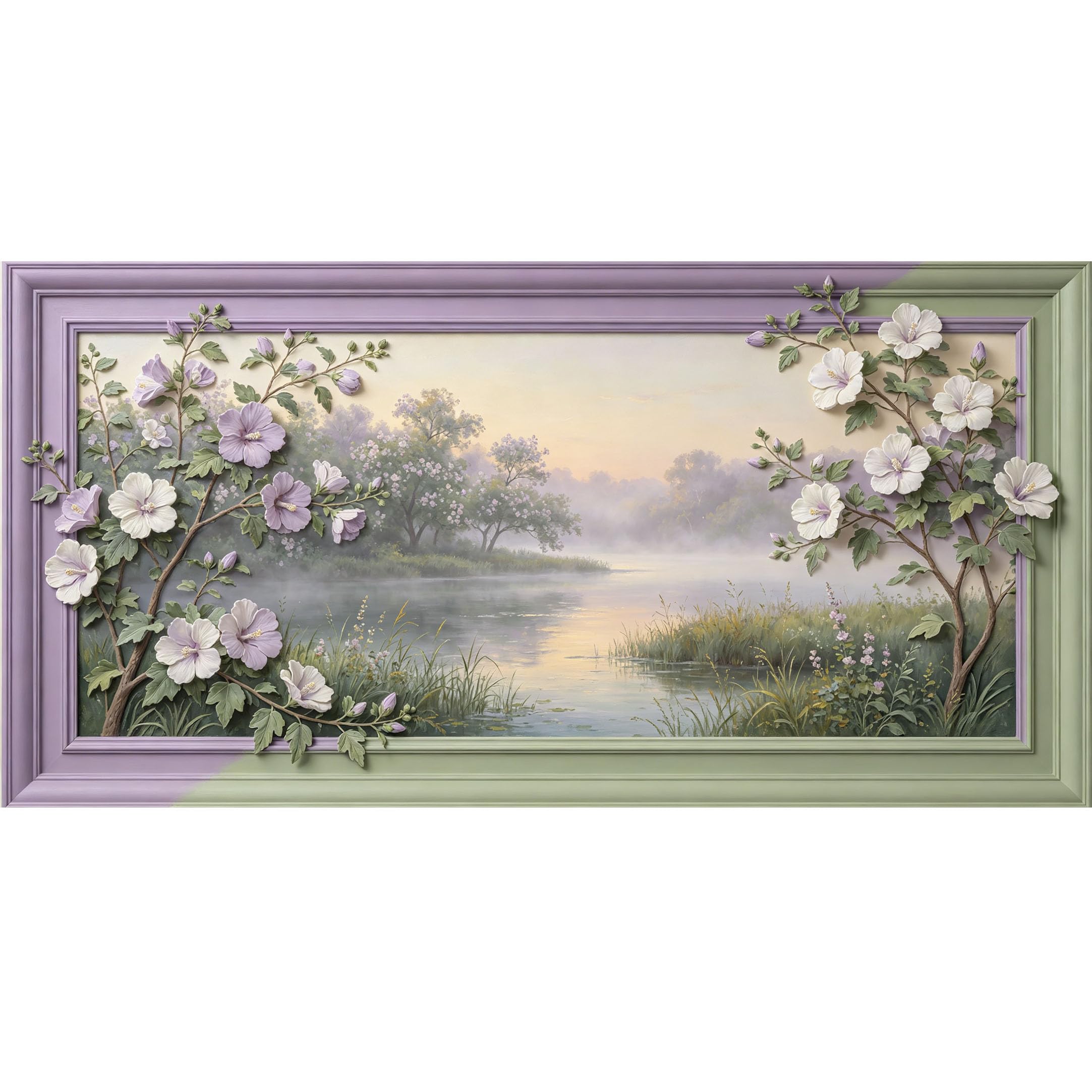 Agglomerix 3D Framed Wall Art Hibiscus Lake Landscape Botanical Relief Effect Large Size SelfAdhesive Removable Wall Decor Prints Artwork for Living Room Bedroom Office