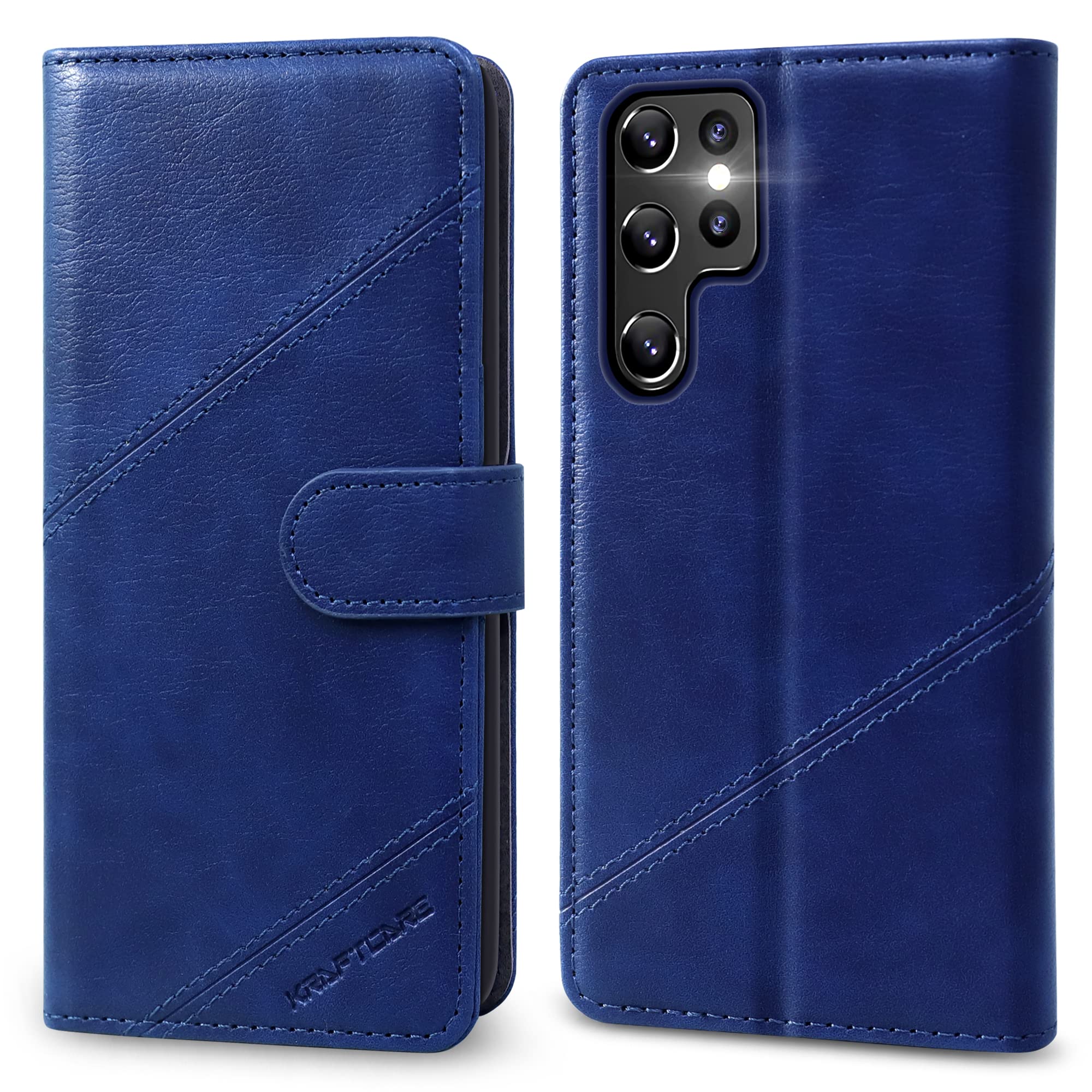 KRAFTCARE Handyhülle für Samsung Galaxy S22 Ultra Hülle | Klapphülle mit Premium PU Leder, 3 Kartenfächer + Geldscheinfach, Ständer, Stoßfeste, RFID Blockierung, Blau