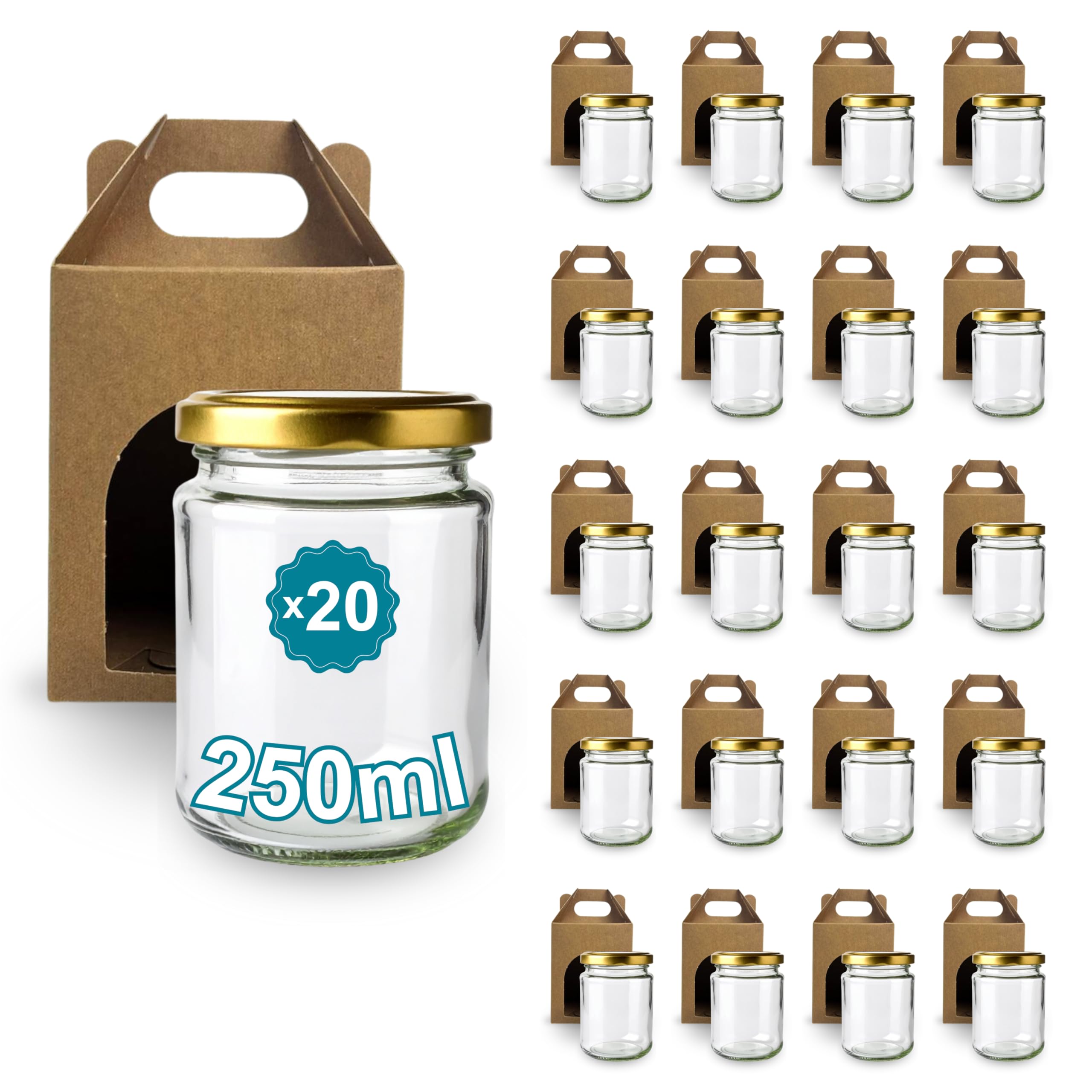 Espirito Rebelde 20 x 250ml leere Glasgläser mit Deckeln mit 20 Karton-Gläsern für 1 Marmeladenglas einschließlich goldenem Schraubdeckel für Marmelade, Konfitüre, Honig