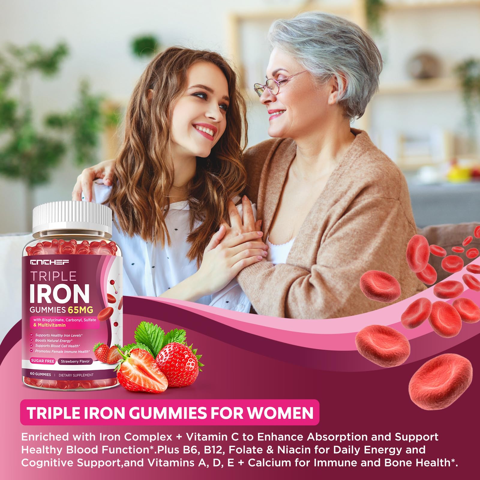 65mg Iron Gummies with Multivitamin, Iron Supplement for Women & Men with Calcium, Folate for Adults, Energy & Immune Health Support for Iron Deficiency, Sugar-Free, Strawberry Flavor, 120 Count — Amazon image 5