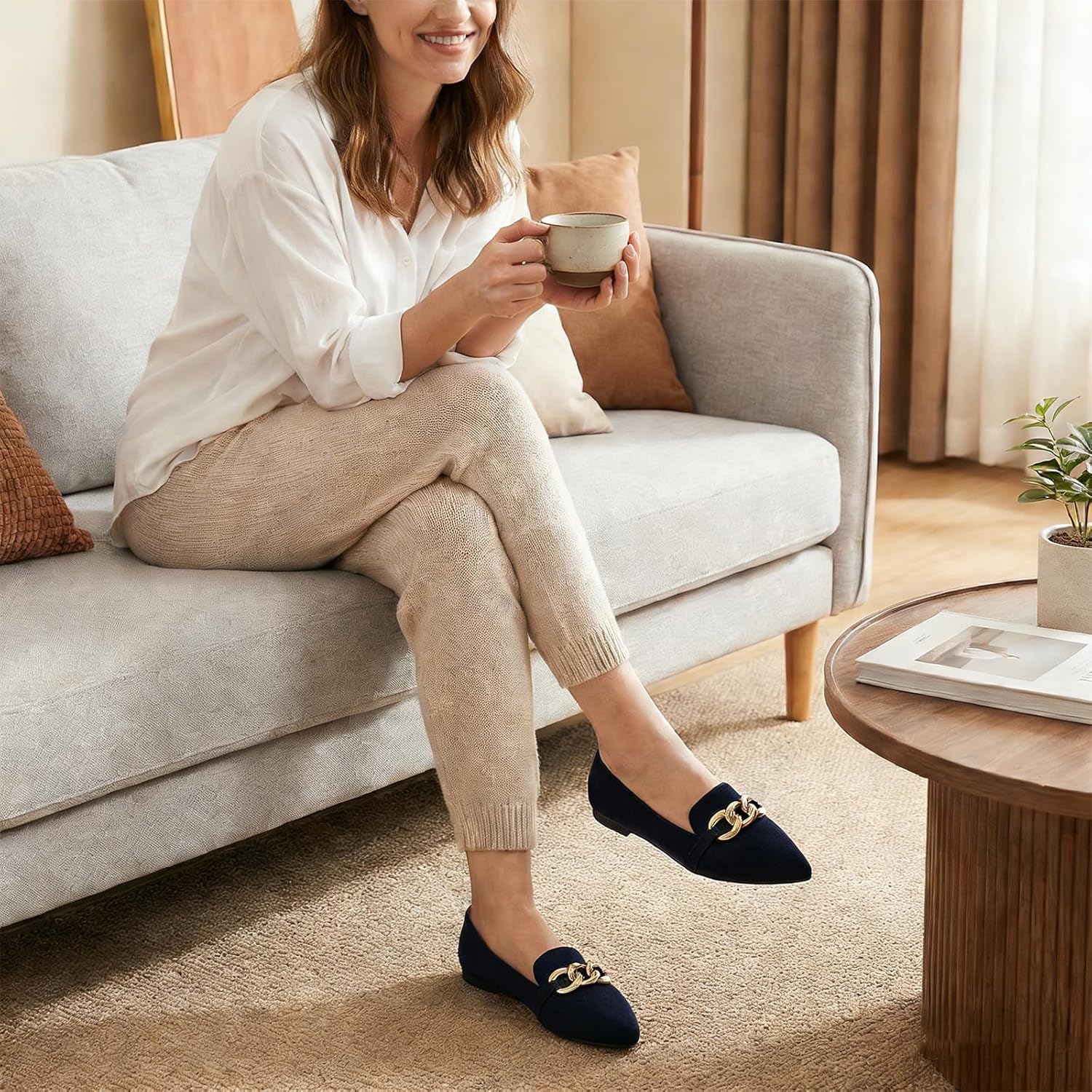 MUSSHOE Loafers for Women Comfortable Flats: Pointed Toe Suede Slip On Dress Shoes with Gold Chain - Memory Foam Arch Support for Business Casual Work Office - Image 3