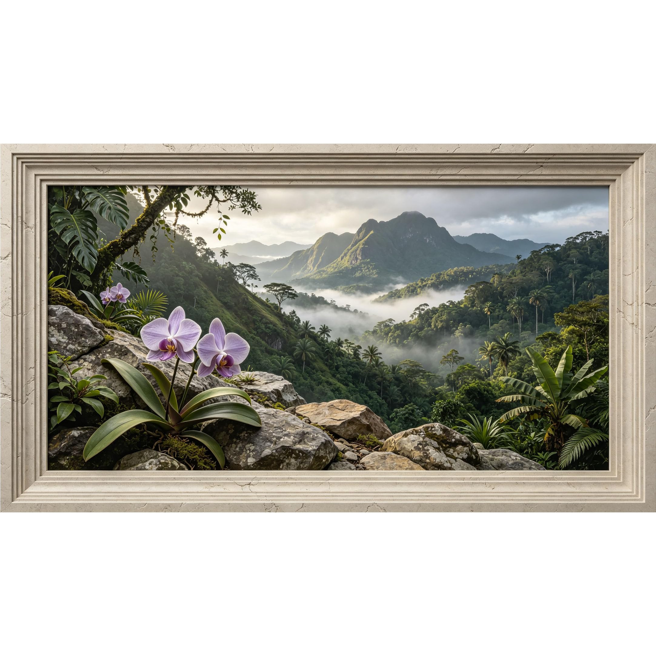 QZLITHOTIC 50x90cm3D Framed Wall Art， Tropical Orchid Mountain Landscape Self‑Adhesive Mural， Water‑Activated Peel & Stick Fabric Decor Wall Decal for Bedroom Living Room