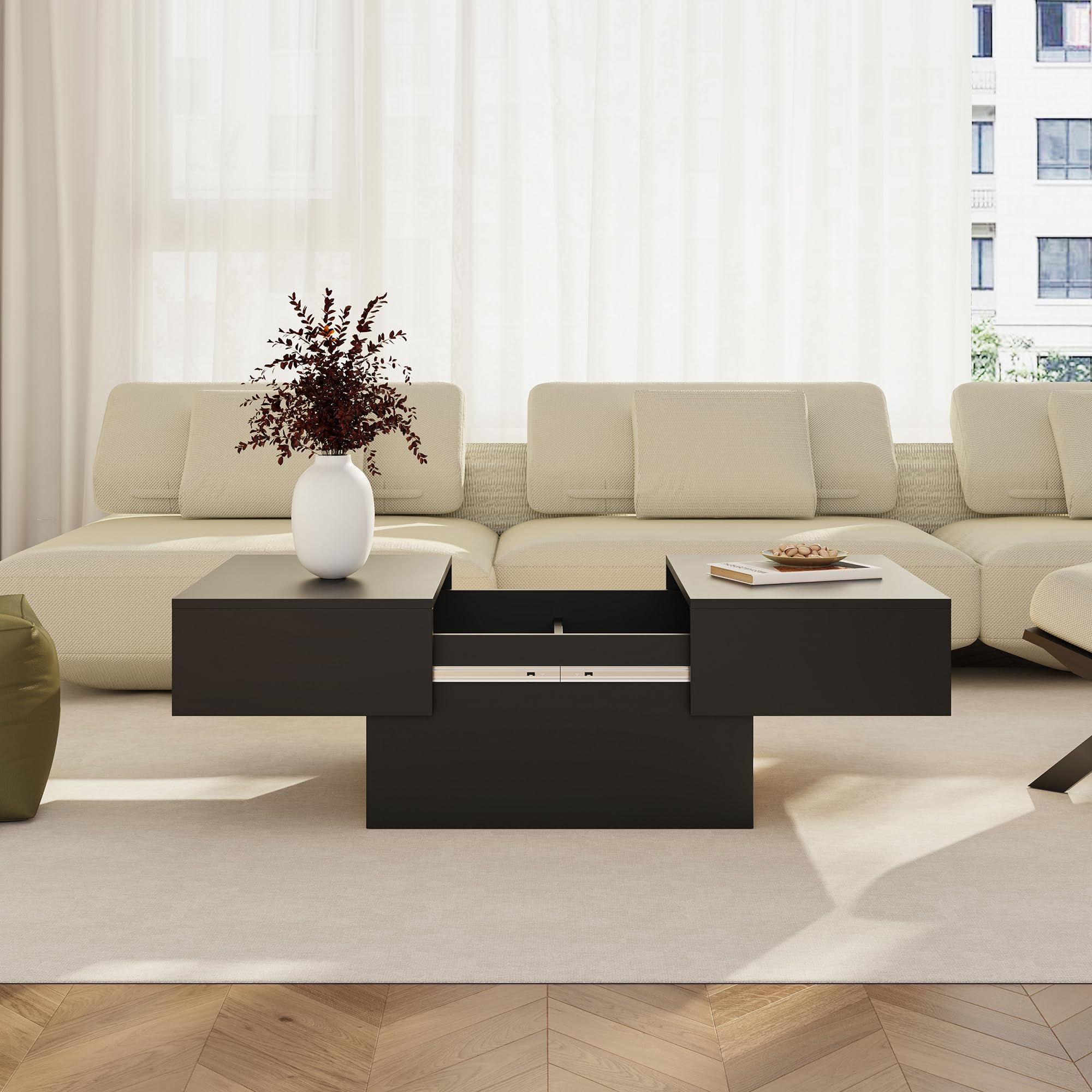 [en.casa] Couchtisch mit Stauraum Lens Wohnzimmertisch ausziehbar Tischplatte 80 x 60 x 36 cm Stubentisch viereckig Beistelltisch modern Sofatisch Schwarz