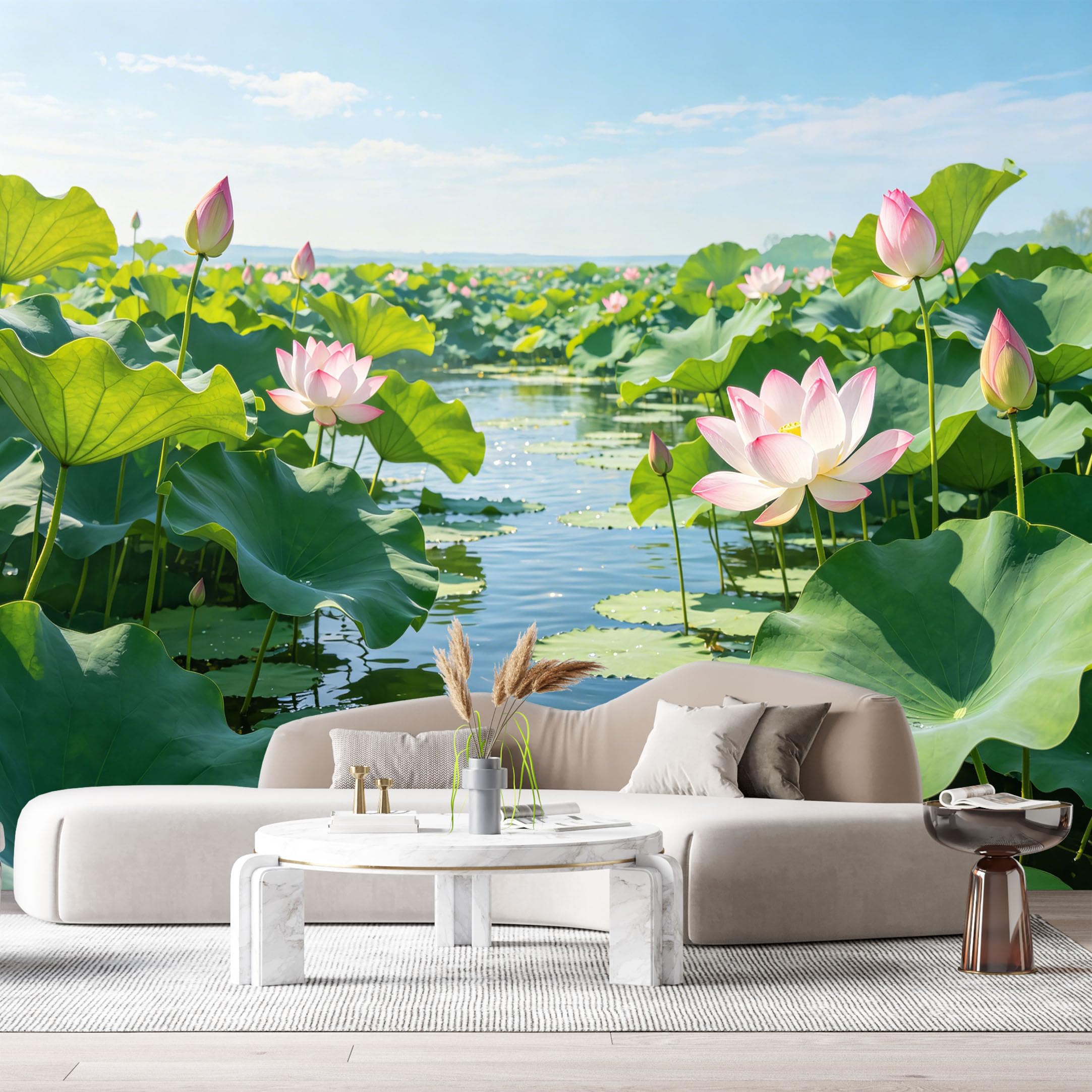 Custom Size Wall Murals Lotus Pond Landscape Watercolor Blooming Lotus Leaves Tranquil Lake SelfAdhesive Wall Fabric Removable Large Wallpaper for Photo Living Room