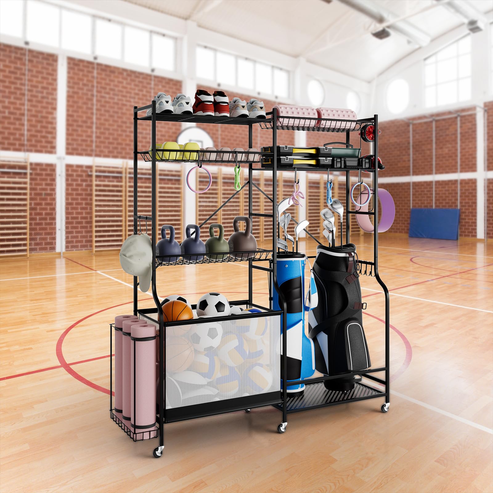 GOPLUS Organizador de Equipo Deportivo con 6 Ruedas, Estante de Almacenamiento de Metal para Pelotas, Mancuernas, Yoga Esterilla, Bolas y Bolsas de Golf, 5 Estantes Ajustables y 13 Ganchos Extraíbles