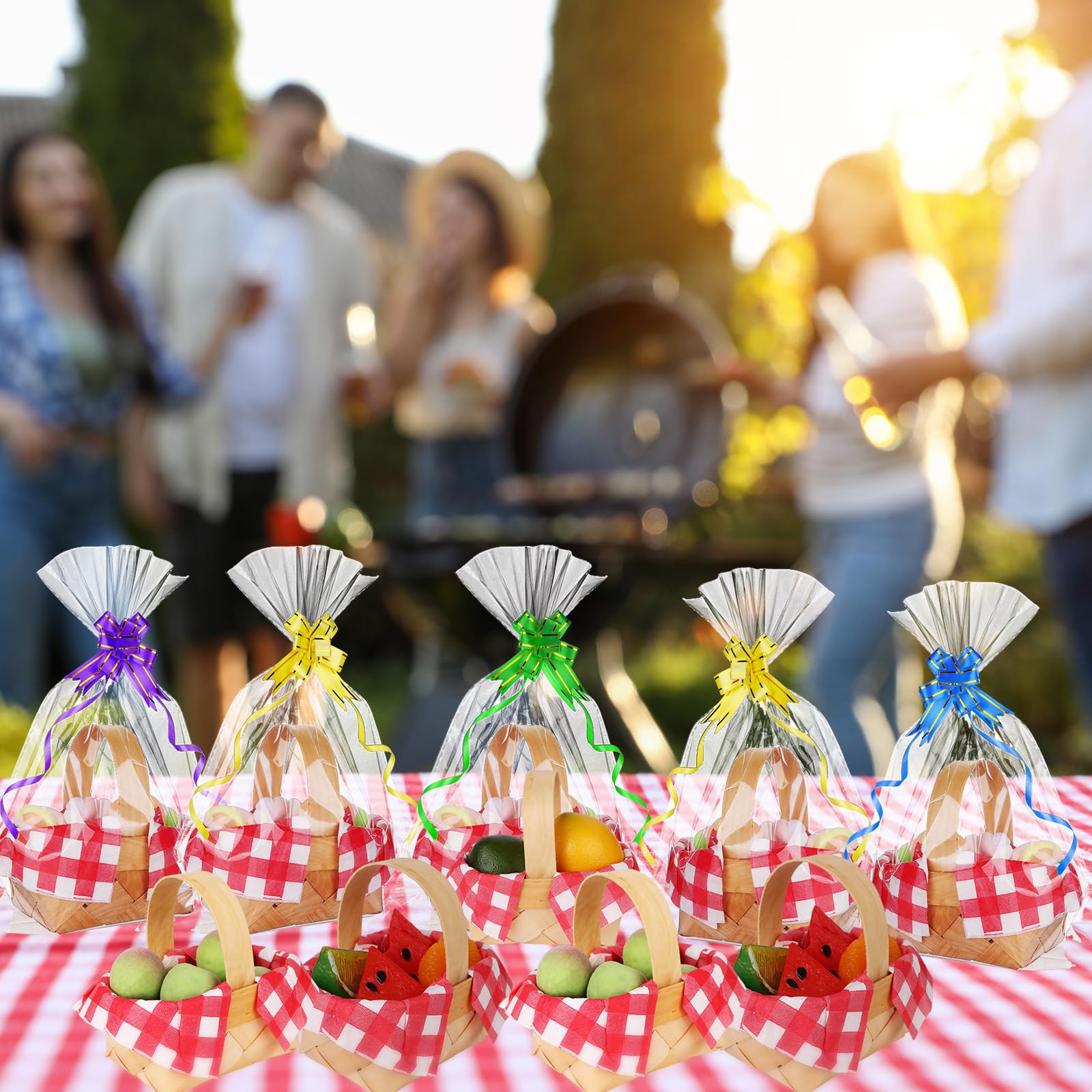 Gewebte Mini-Körbe mit Griffen, 24 Papierservietten, 30 Plastiktüten, 30 mehrfarbige Schleifen, 30 metallische Bindebänder, Blumen, Obst, Picknick, Chip-Eimer für Hochzeit, Party, Geschenk, Dekoration