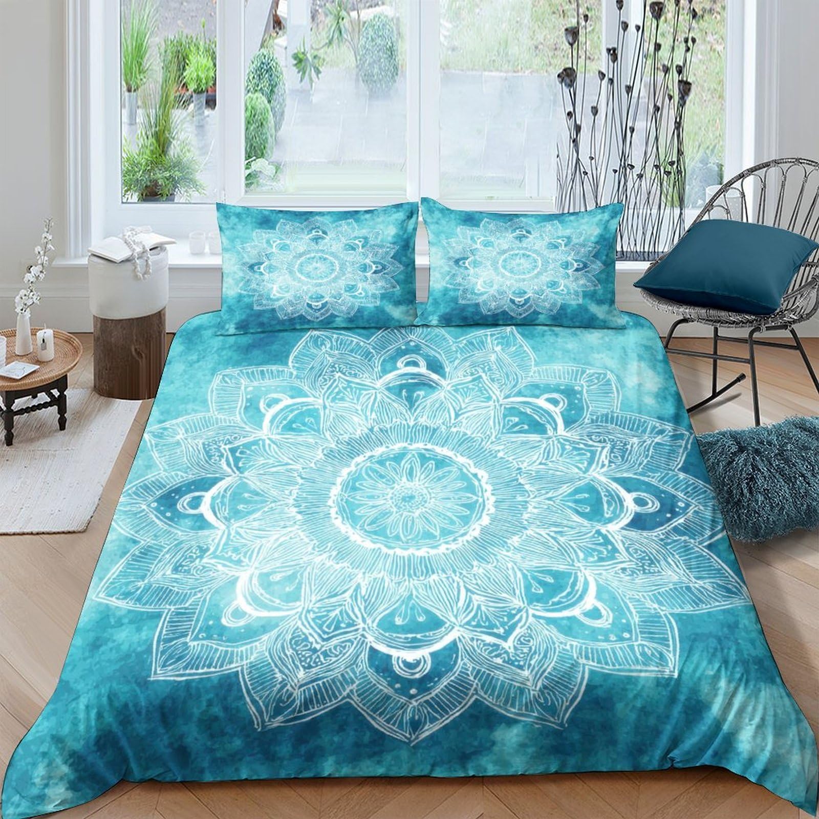 GPLZQXKJNH 3D Printed Blue Mandala Duvet Cover Microfiber Soft Breathable Watercolor Bedding Set with 2 Pillowcases for Bedroom Decor Single（135x200cm）