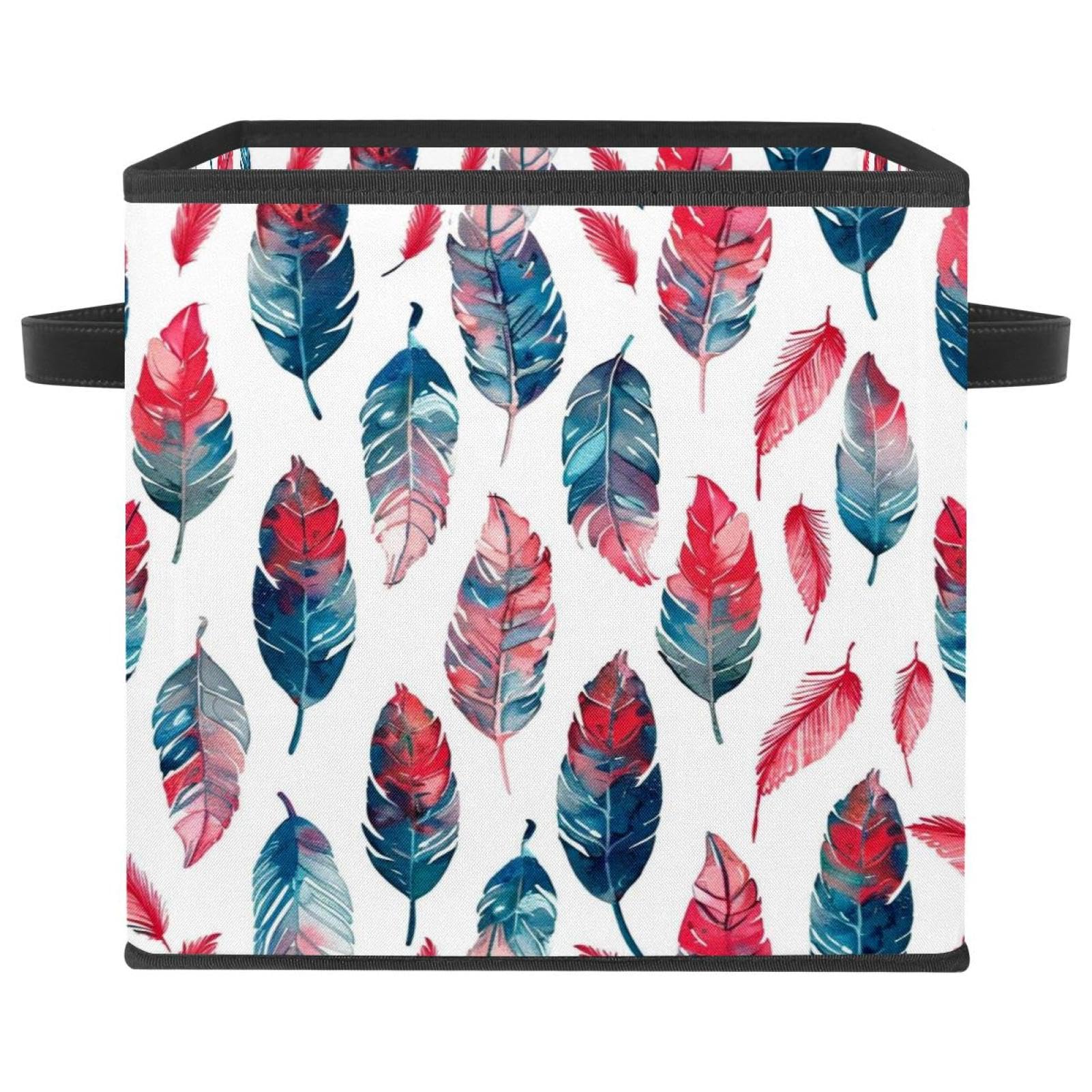 Boîte de rangement plumes bleu-rouge panier tissu cube pliable 28cm