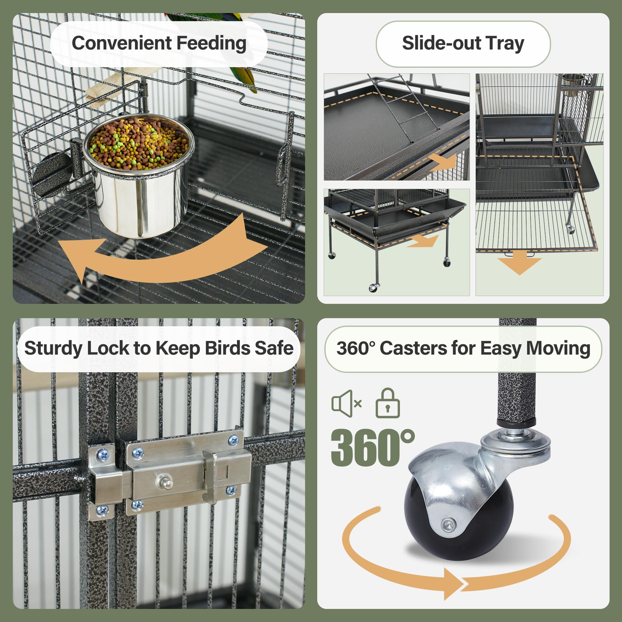 ZENY 68-Inch Birdcage, Playtop Parrot Cage, Wrought Iron Bird Cage with Rolling Stand, Heavy-Duty Pet Bird House for Parrot Cockatiel Cockatoo Parakeet Macaw Finches, Black - image 5