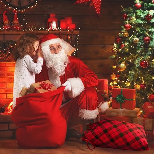 Miniatura 6 de Aneco Paquete de 3 bolsas de Navidad de algodón a cuadros de 23 x 17.5 pulgadas, tamaño grande, con cordón, bolsa de almacenamiento para calcetines,