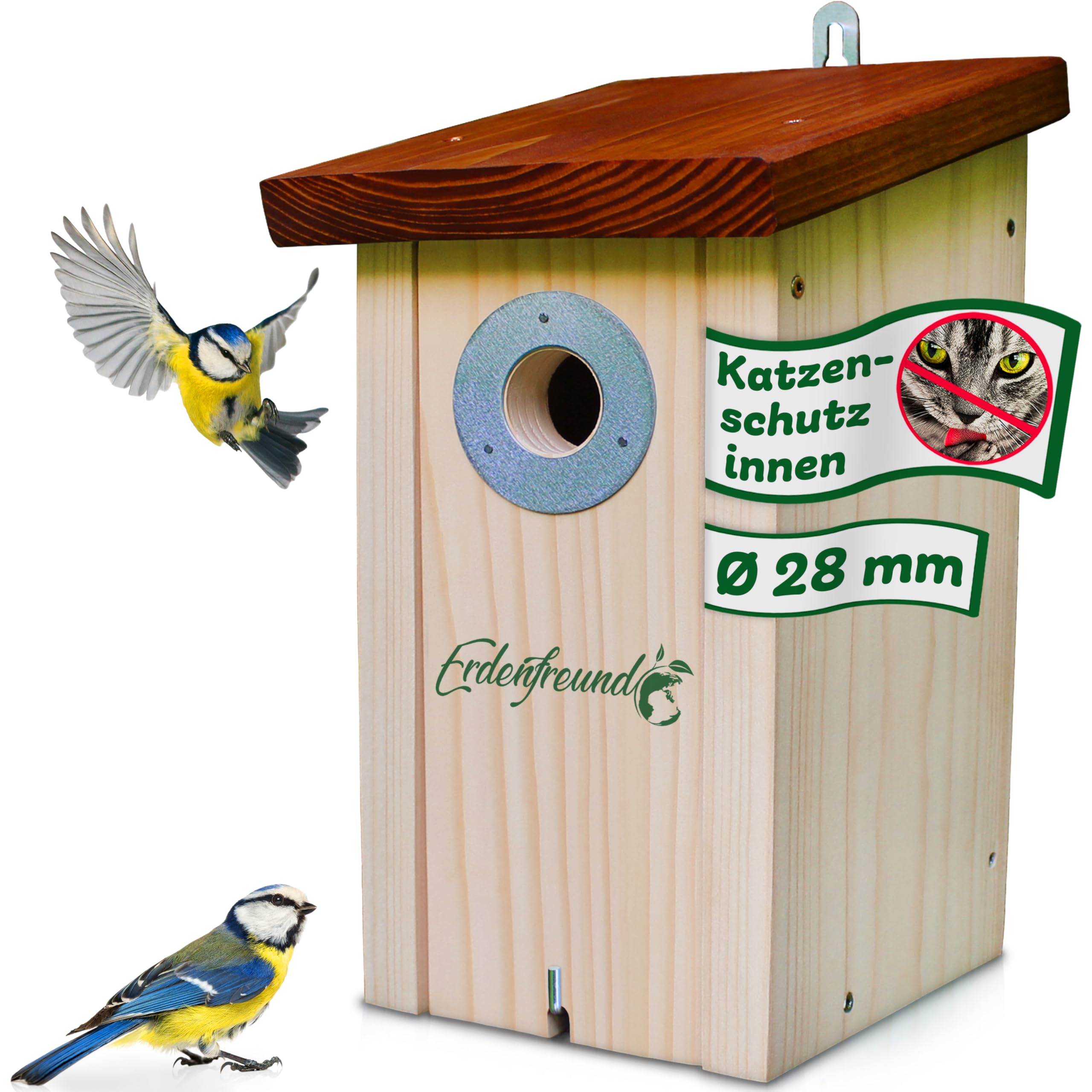 ERDENFREUND® Meisen Nistkasten 28mm Katzen-/Marderschutz innen Nistkasten für Vögel mit pickfestem Spechtschutz aus rostfreiem Metall