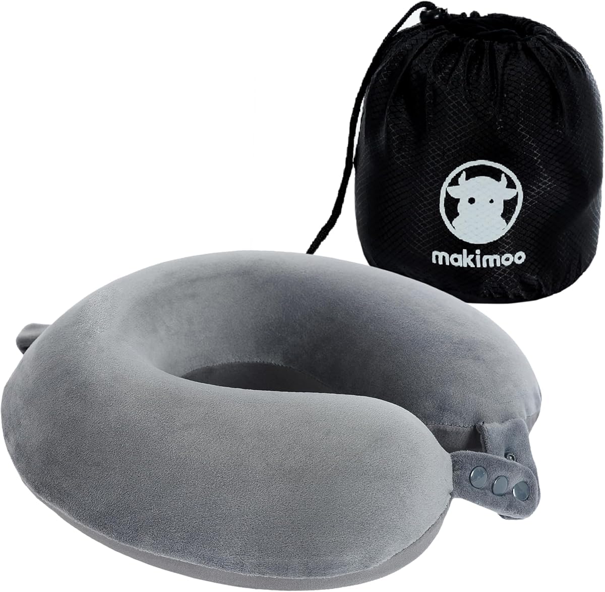 Makimoo Travel Neck Pillow, Top Memory Foam Pillow for Head Support, Ideal for Airplanes, Cars, and Home Recliners, Adjustable and Soft (Grey)