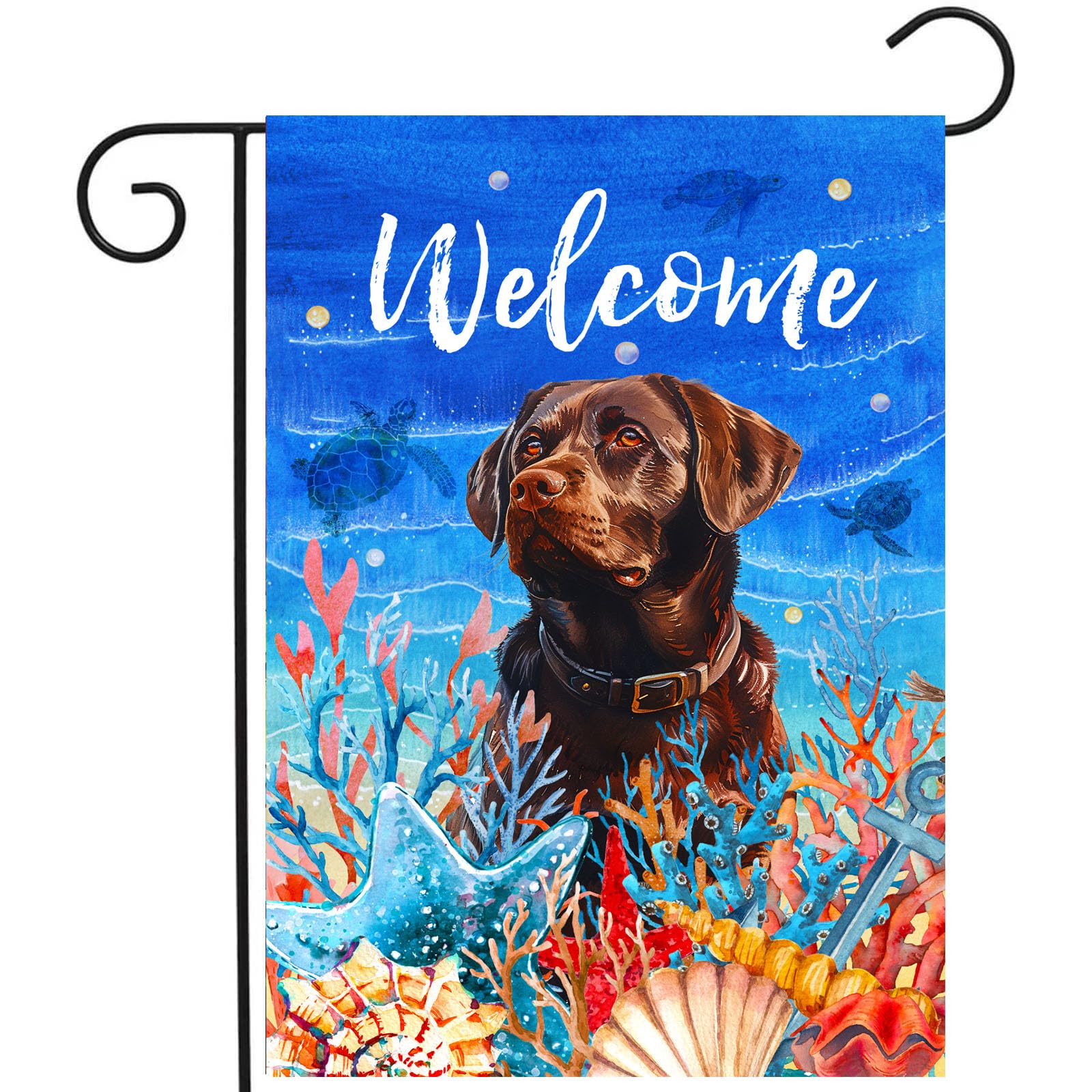 DZGlobal Hello Summer Garden Flags Beach Chocolate Lab Garden Flag Labrador for Outside Dog Pool Flags Sea Turtle Outdoor Decor Ocean Starfish Seaside Welcome Yard Flag 12x18 Double Sided