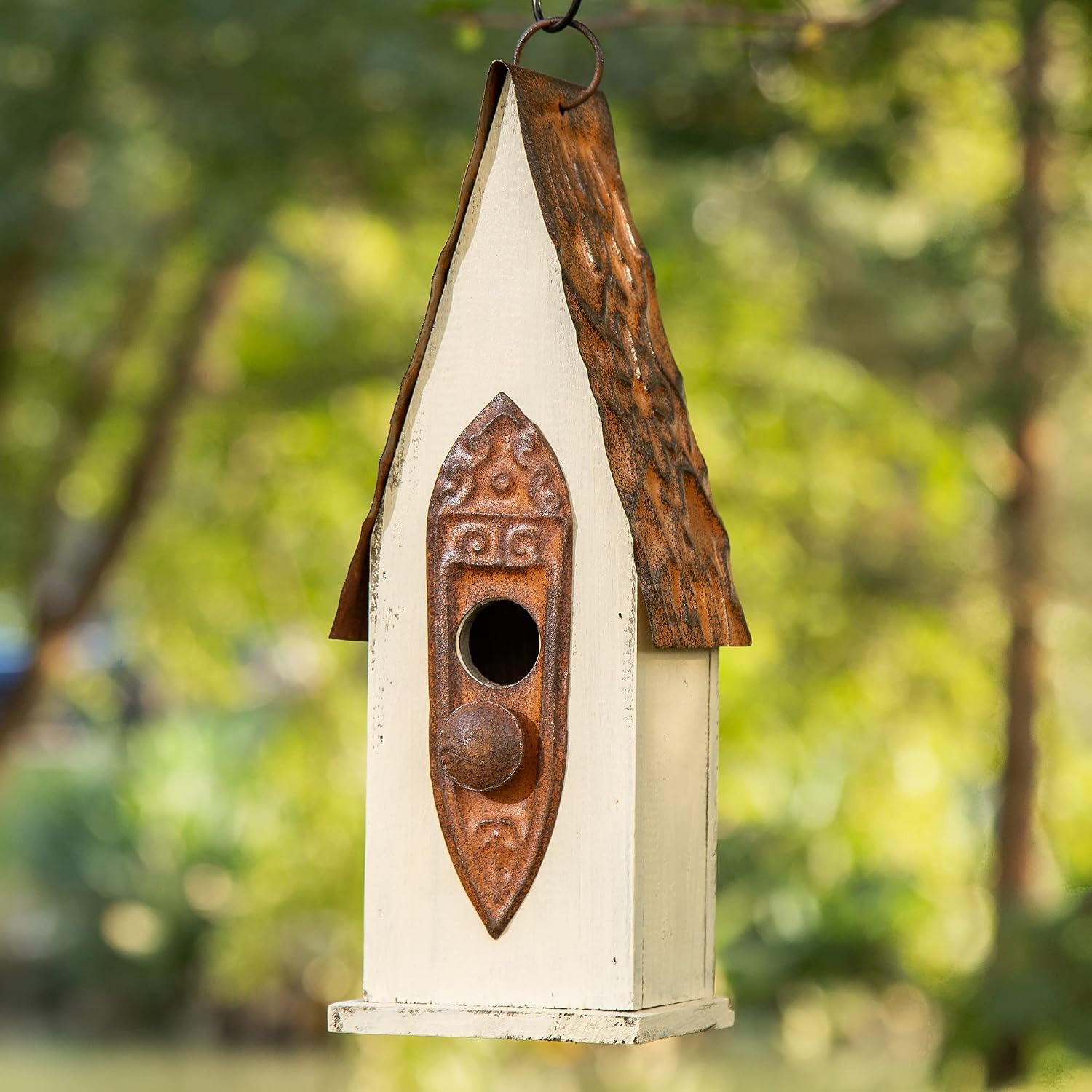Glitzhome Vintage Hanging Birdhouse - Green Distressed Solid Wood Weatherproof Cottage Bird Shelter & Rustic Decor for Garden/Patio - Ready-to-Hang (13.25")