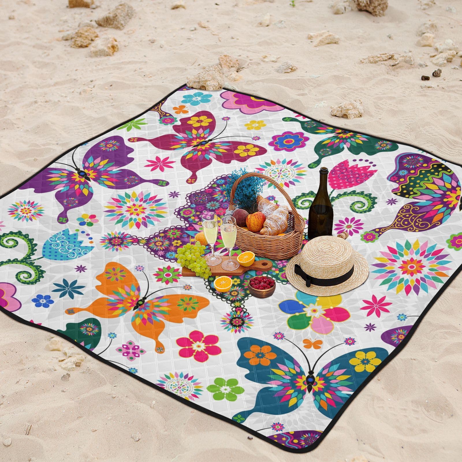 Picknickdecke, 200 x 200 cm, florales Schmetterling, Blume, große Picknickmatte, wasserdicht, Stranddecke, tragbarer Outdoor-Teppich, Camping-Matte