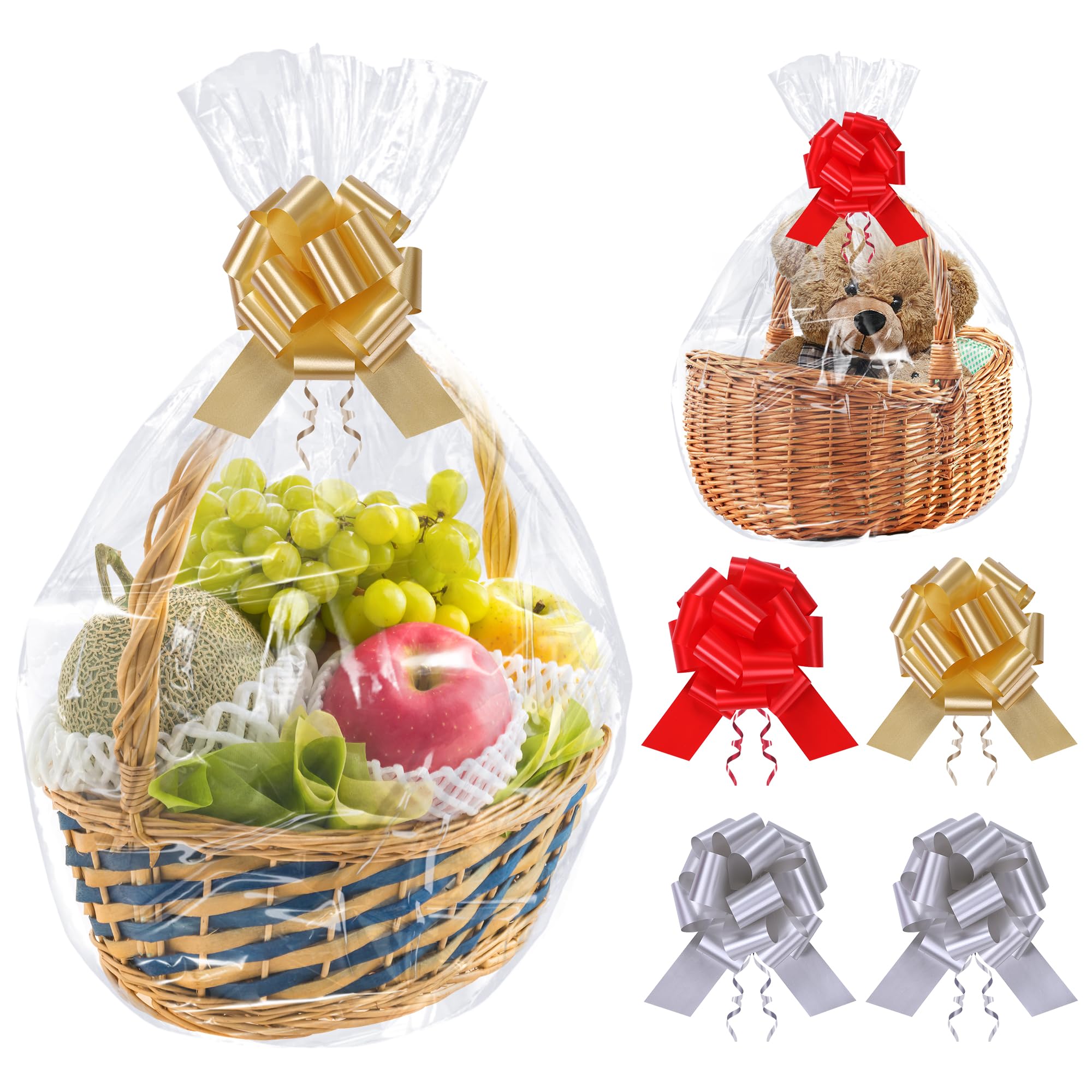 Arcjunys Lot de 10 sacs en cellophane transparents pour emballage cadeau, paniers avec nœuds à tirer 35 x 50 cm
